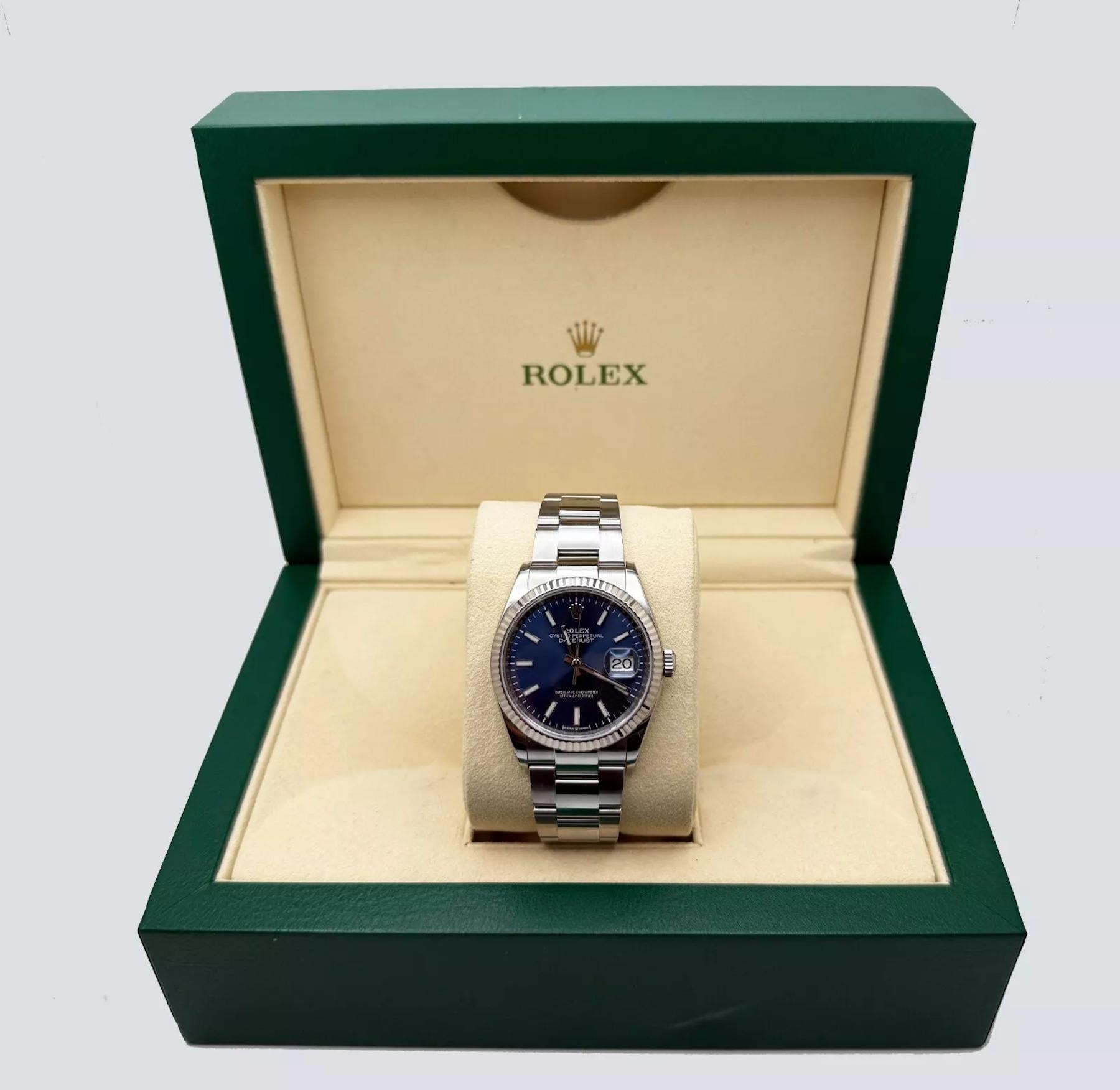 Rolex Datejust 126234 36mm Blue Dial Steel 18K White Gold Box Paper In Excellent Condition For Sale In San Diego, CA