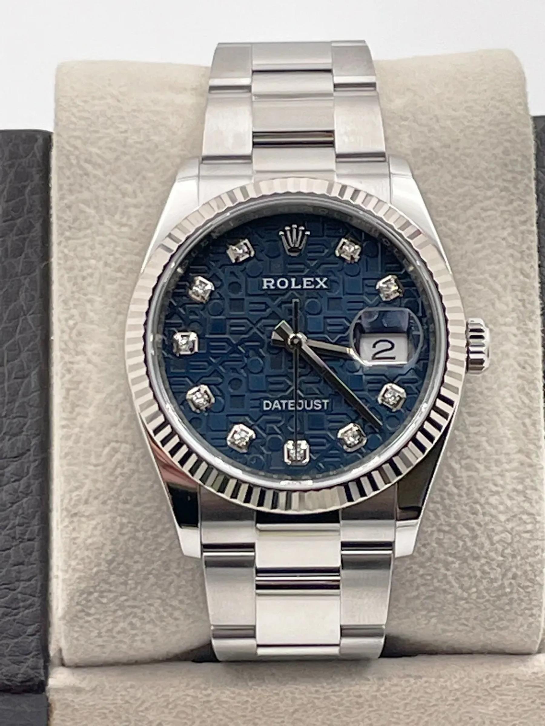 Rolex Datejust 126234 Blue Jubilee Diamond Dial Steel 18K Gold Bezel Box Paper In Excellent Condition For Sale In San Diego, CA