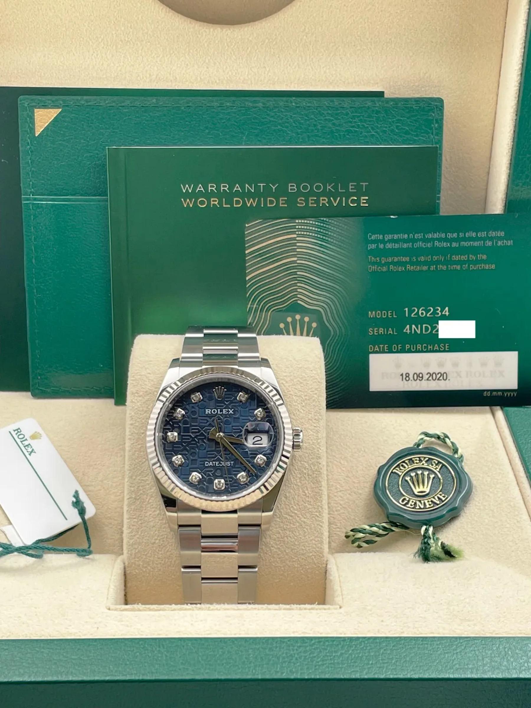 Men's Rolex Datejust 126234 Blue Jubilee Diamond Dial Steel 18K Gold Bezel Box Paper For Sale