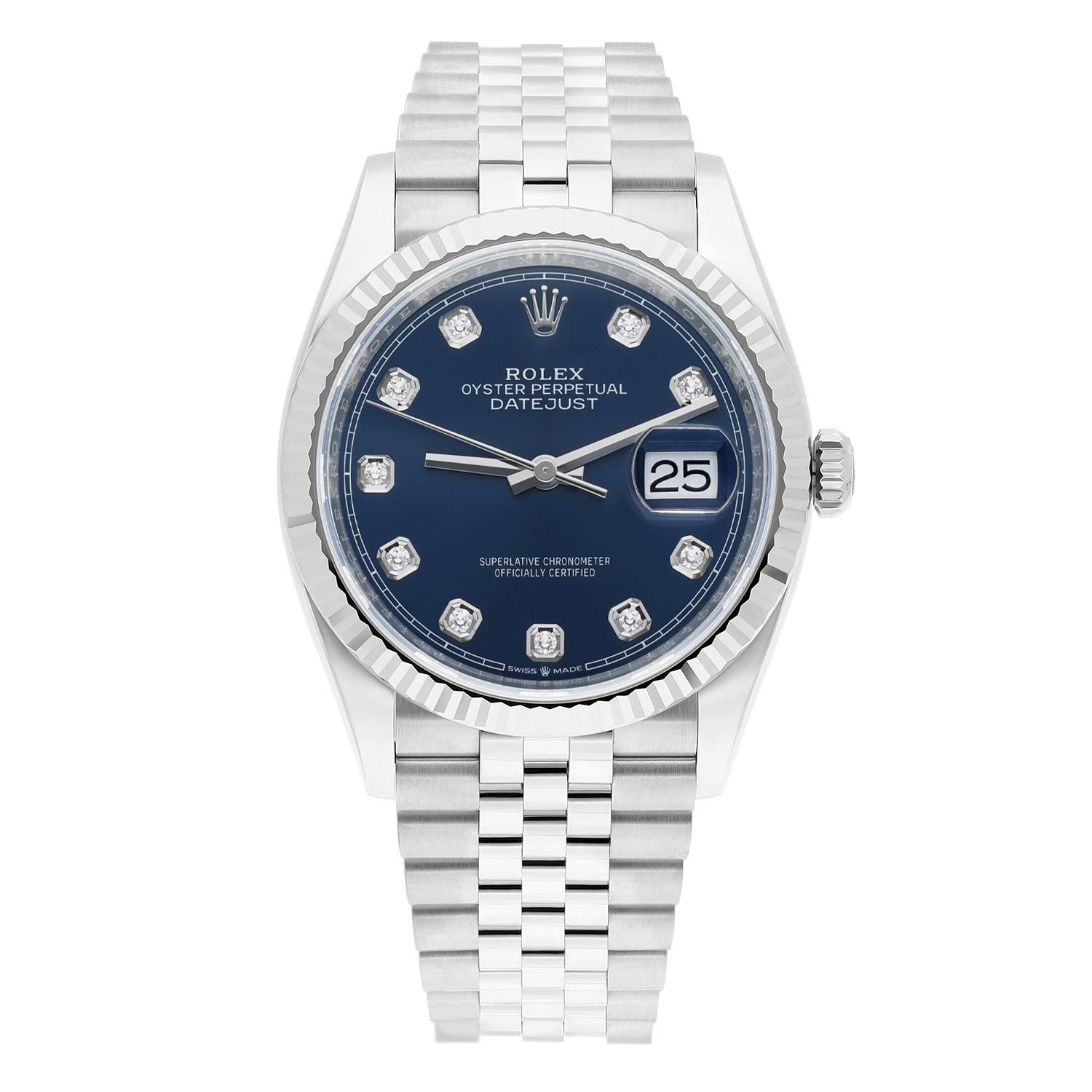 Sporting the 'best seller' blue diamond dial, solid white gold fluted bezel and elegant Jubilee bracelet, this is the all new style 36mm Datejust with new generation calibre 3235 automatic movement, released by Rolex in 2019. Power-reserve is now an