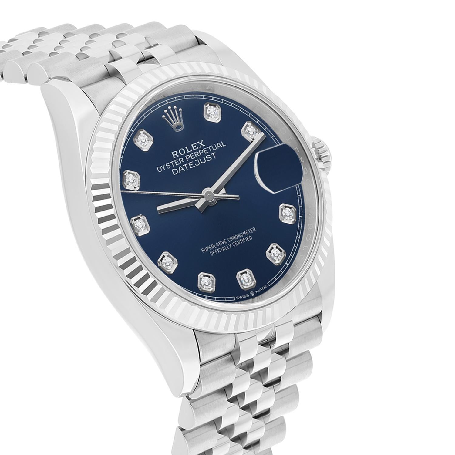 Moderne Rolex Montre Datejust 126234 en acier avec cadran bleu de 36 mm et diamants en vente