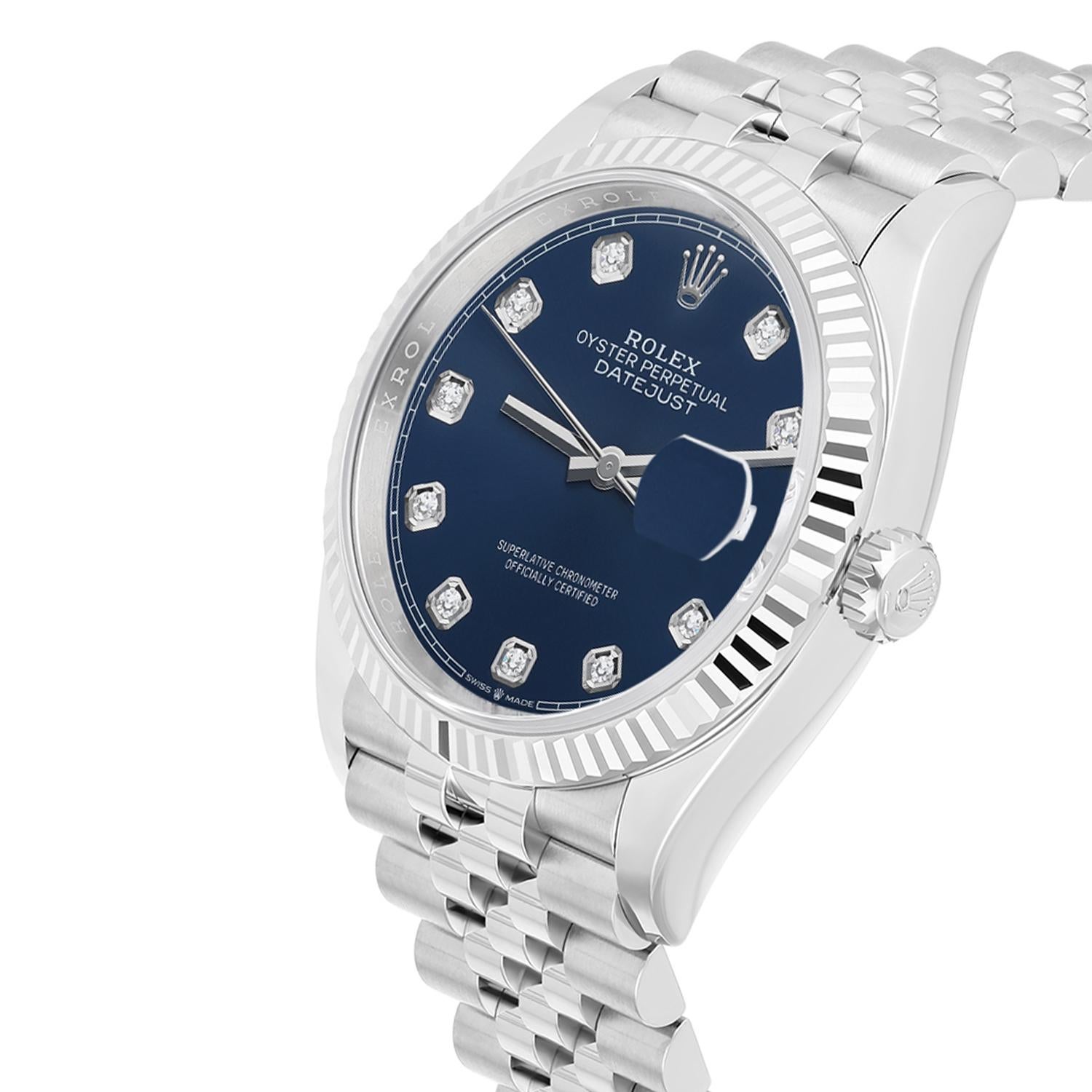 Taille Asscher Rolex Montre Datejust 126234 en acier avec cadran bleu de 36 mm et diamants en vente