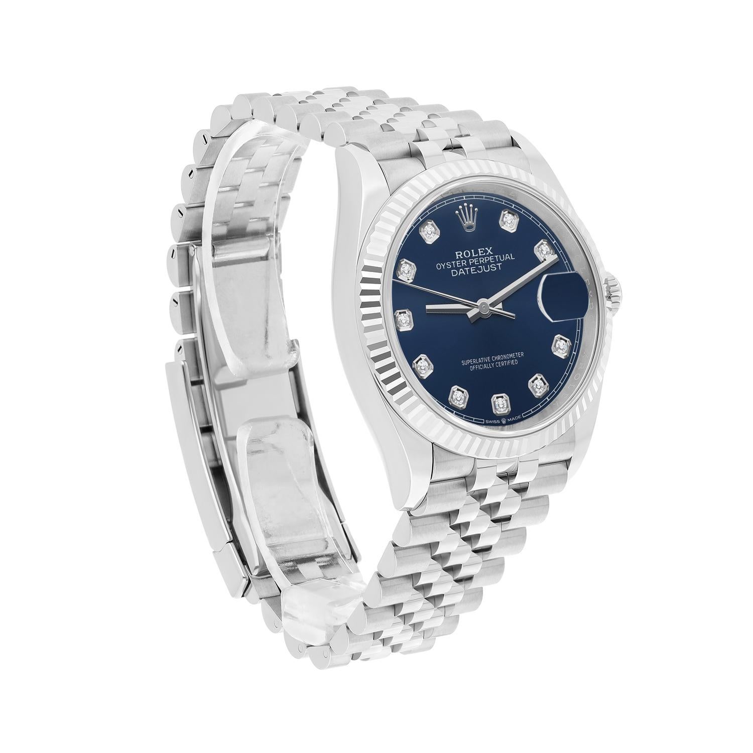 Rolex Datejust 126234 Steel 36mm Blue Diamond Dial Jubilee Bracelet Complete In Excellent Condition For Sale In New York, NY