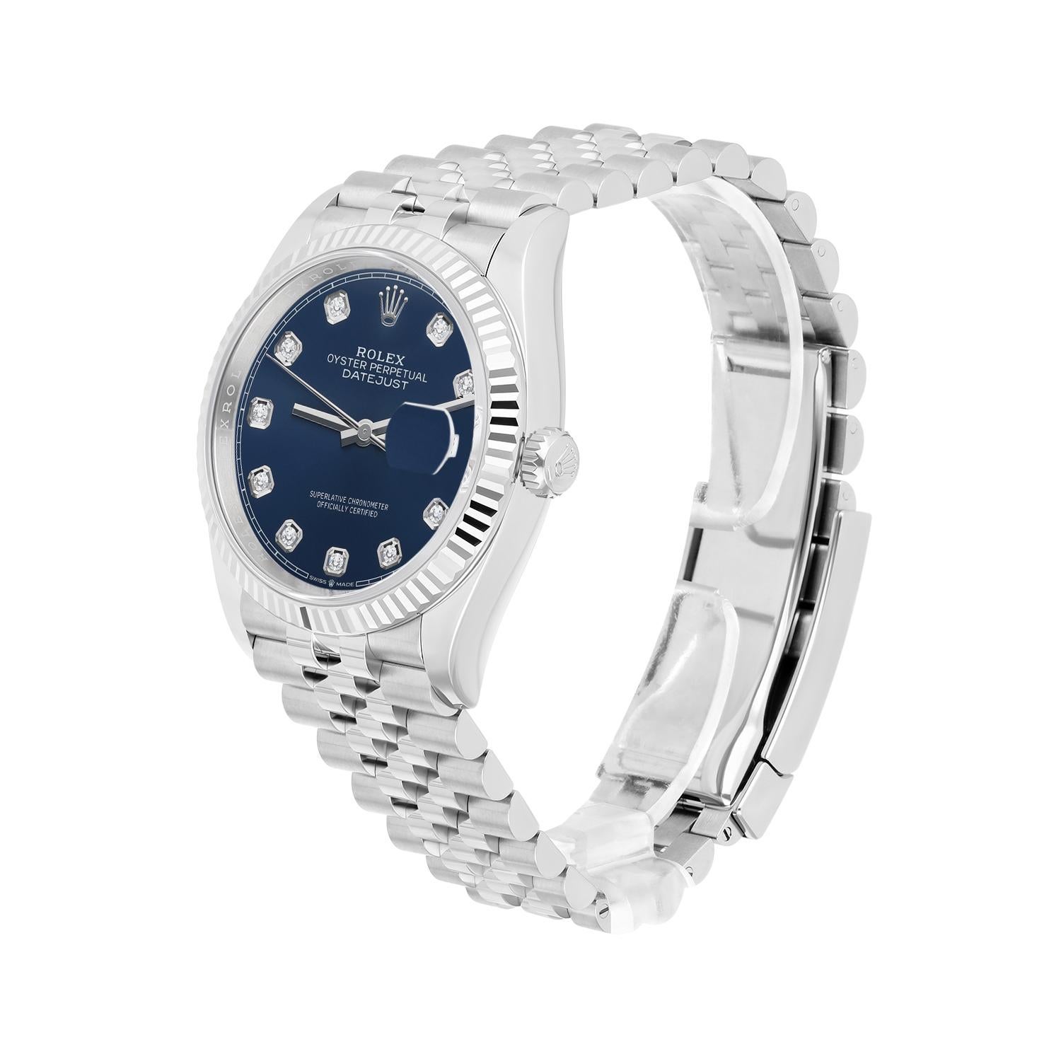 Women's or Men's Rolex Datejust 126234 Steel 36mm Blue Diamond Dial Jubilee Bracelet Complete For Sale