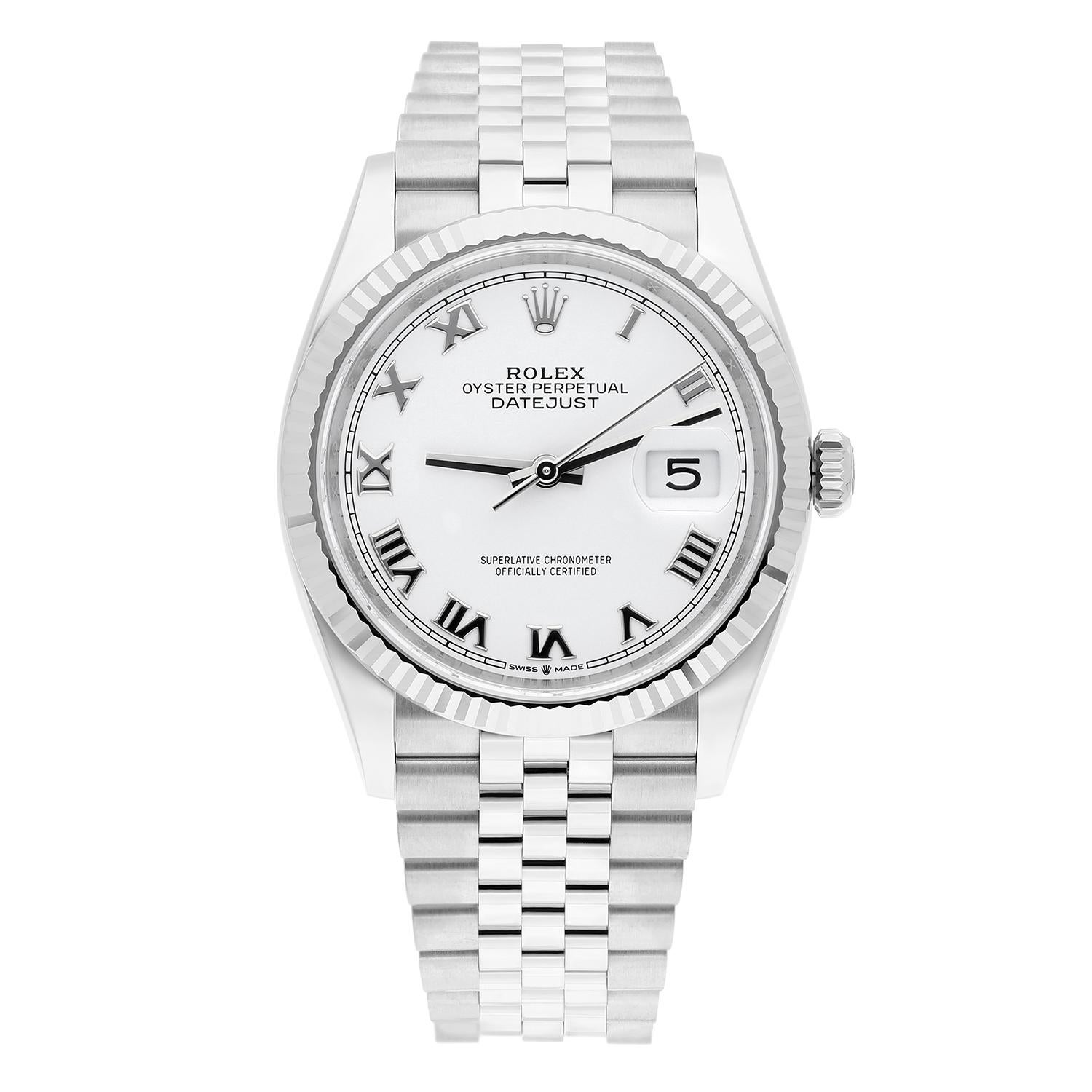 This Rolex Datejust wristwatch is a luxury timepiece with a round, 36mm stainless steel case and a white dial featuring Roman numerals. The watch has a fluted, fixed 18K white gold bezel and is water-resistant up to 100 meters. The scratch-resistant