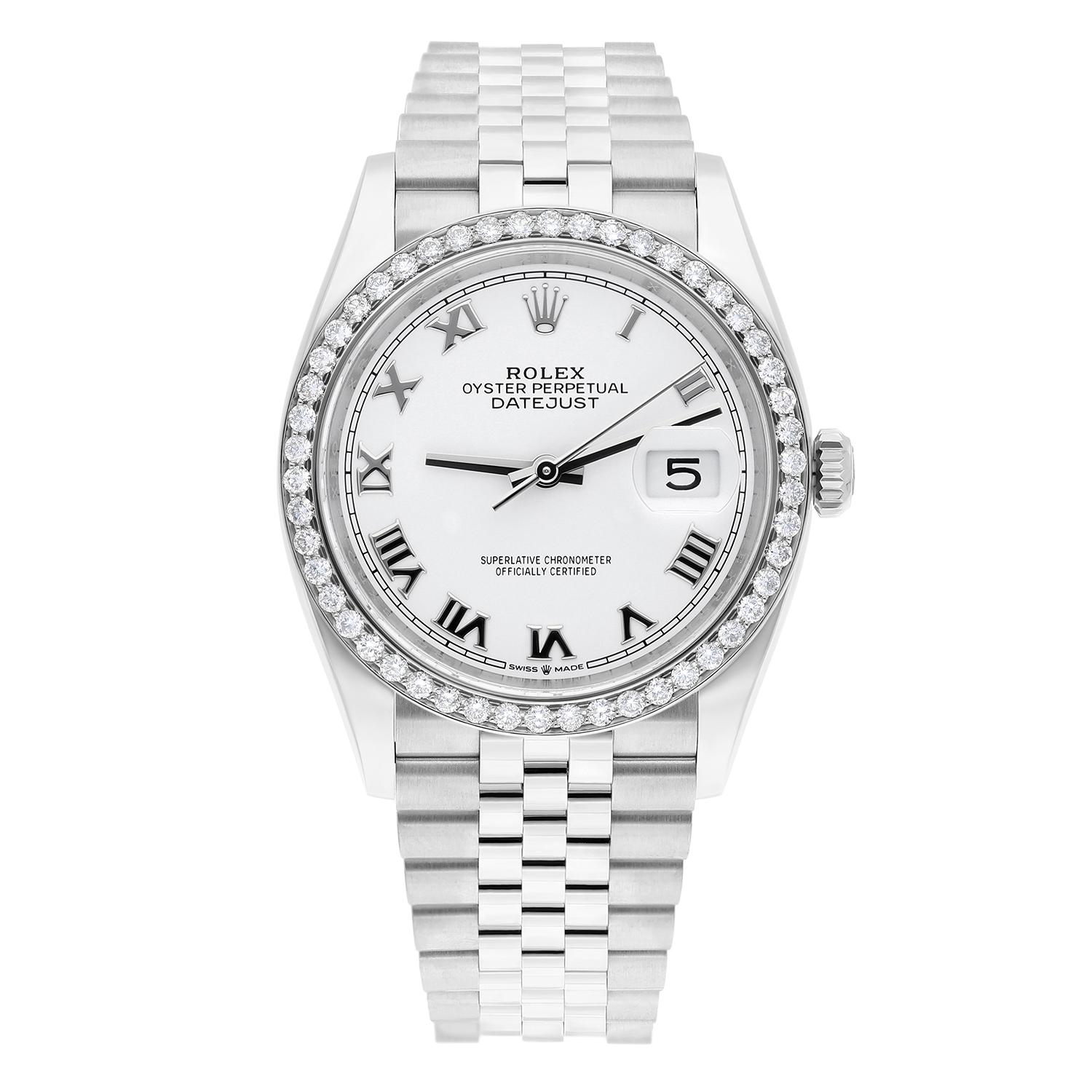 This Rolex Datejust wristwatch is a luxury timepiece with a round, 36mm stainless steel case and a white dial featuring Roman numerals. The watch has a custom added diamond bezel with 100% natural diamonds.The scratch-resistant sapphire crystal and