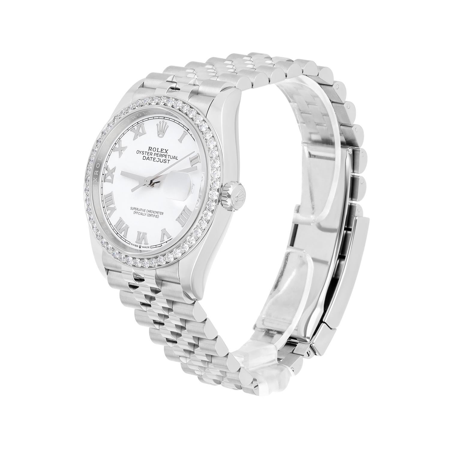Modern Rolex Datejust 126234 Steel 36mm White Roman Dial Jubilee Bracelet 2023 Complete For Sale