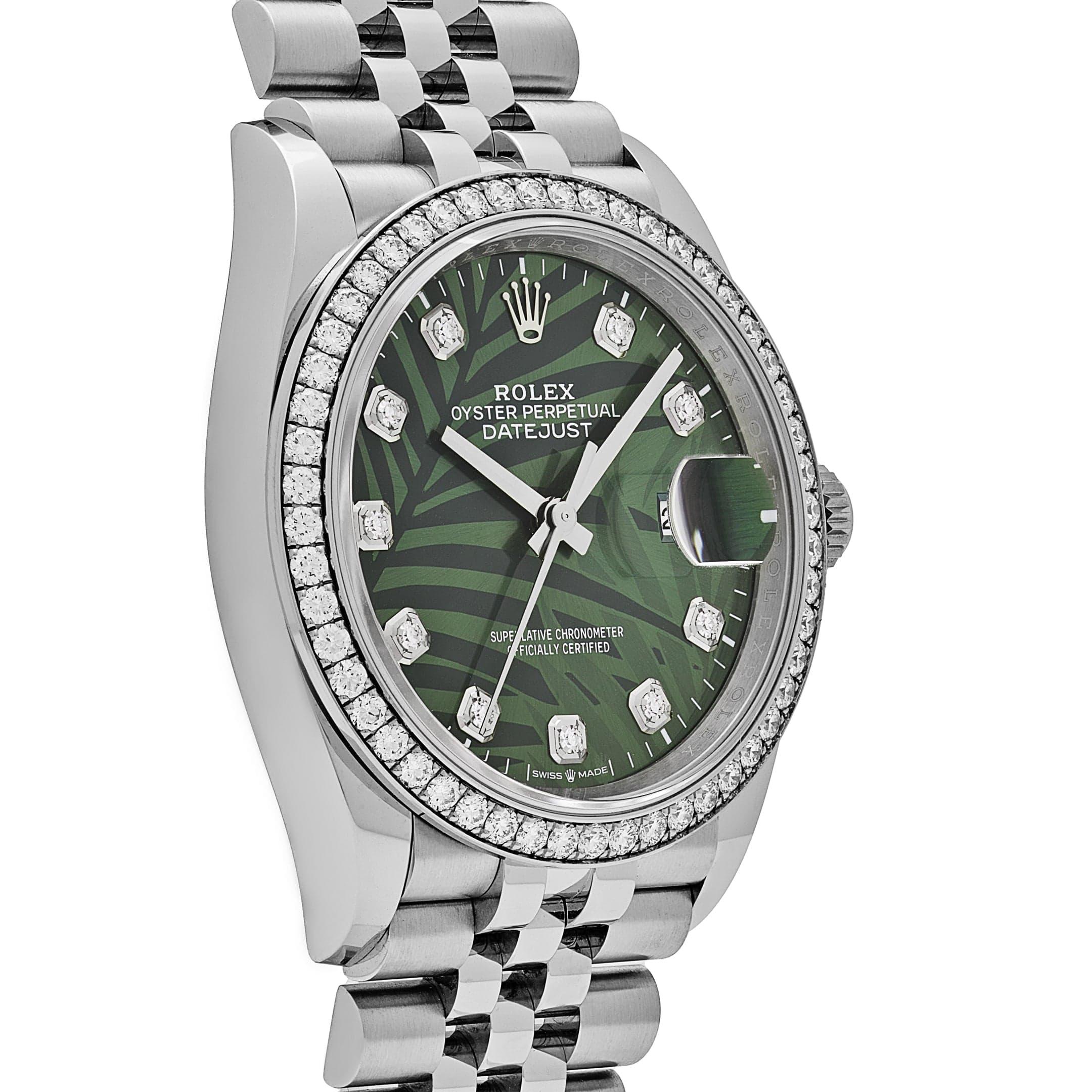 Rolex Datejust 126284RBR Stainless Steel Green Palm Frond Diamond Dial/Bezel In Excellent Condition For Sale In New York, NY