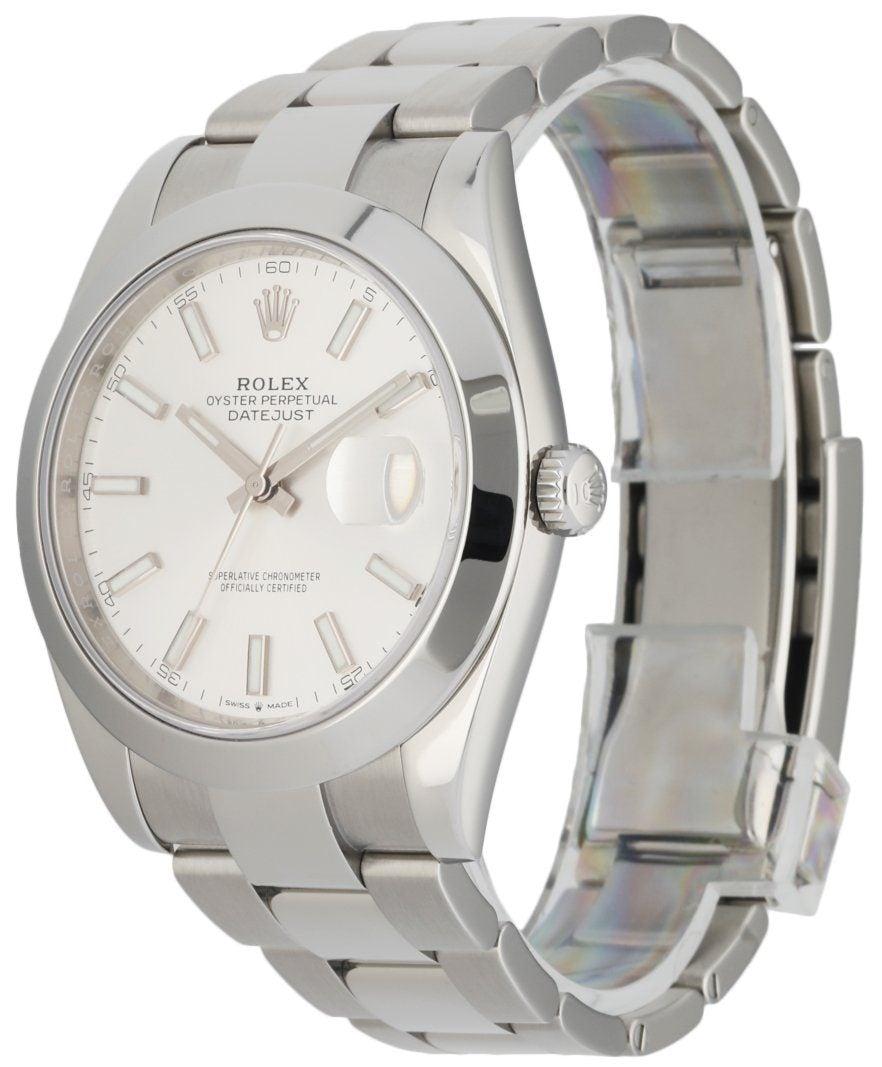 
Rolex Datejust 126300 stainless steel men's watch. 41mm stainless steel case with smooth stainless steel bezel and bezel protector. Silver dial with luminous steel hands and index hour marker; engraved serial rehaut. Date display at the 3 o'clock