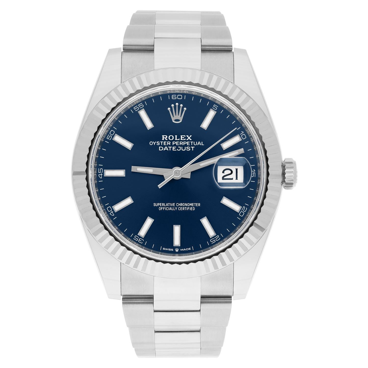 This magnificent Rolex Datejust wristwatch is a true masterpiece of Swiss craftsmanship. With its exquisite Blue Dial and elegant Index indicators, it is the epitome of luxury and style. The 41mm stainless steel case and fluted bezel in white gold