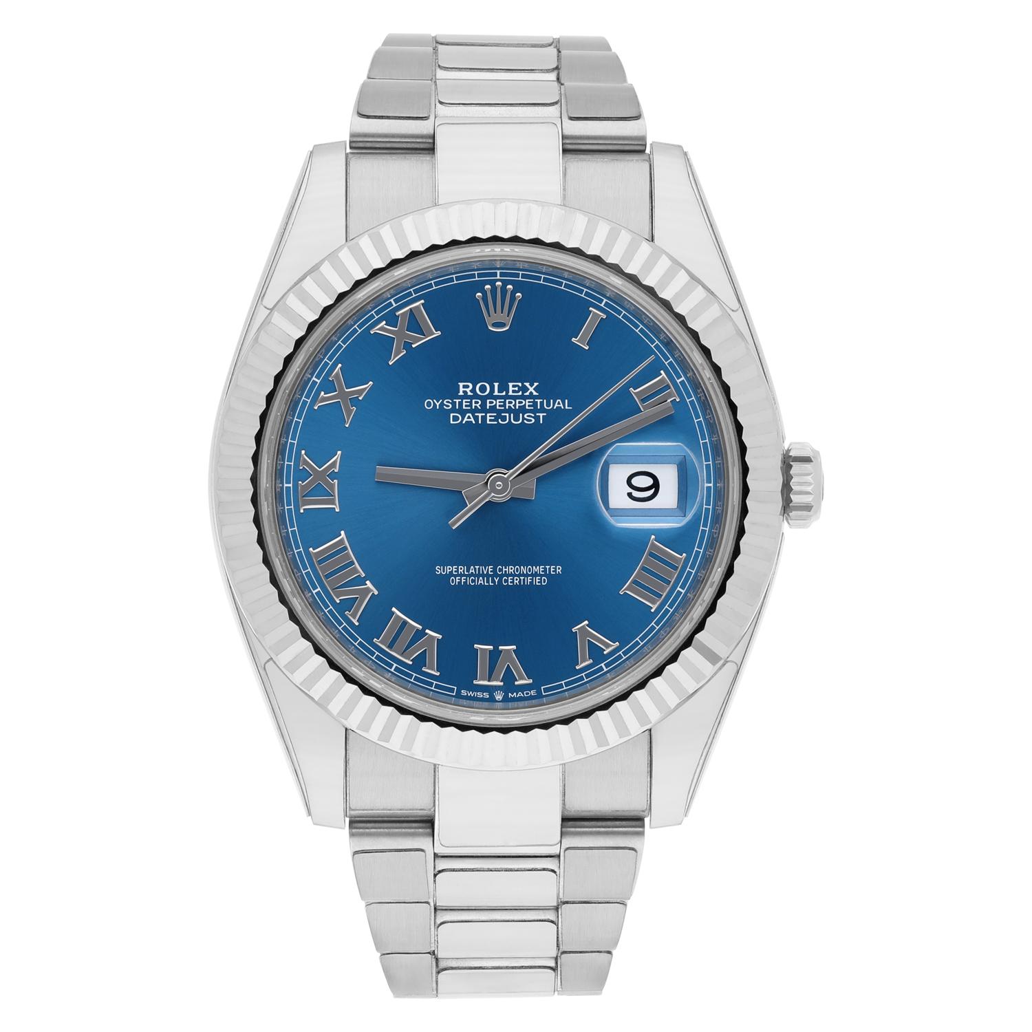 This magnificent Rolex Datejust wristwatch is a true masterpiece of Swiss craftsmanship. With its exquisite Blue Dial and elegant Roman numerals, it is the epitome of luxury and style. The 41mm stainless steel case and fluted bezel in white gold