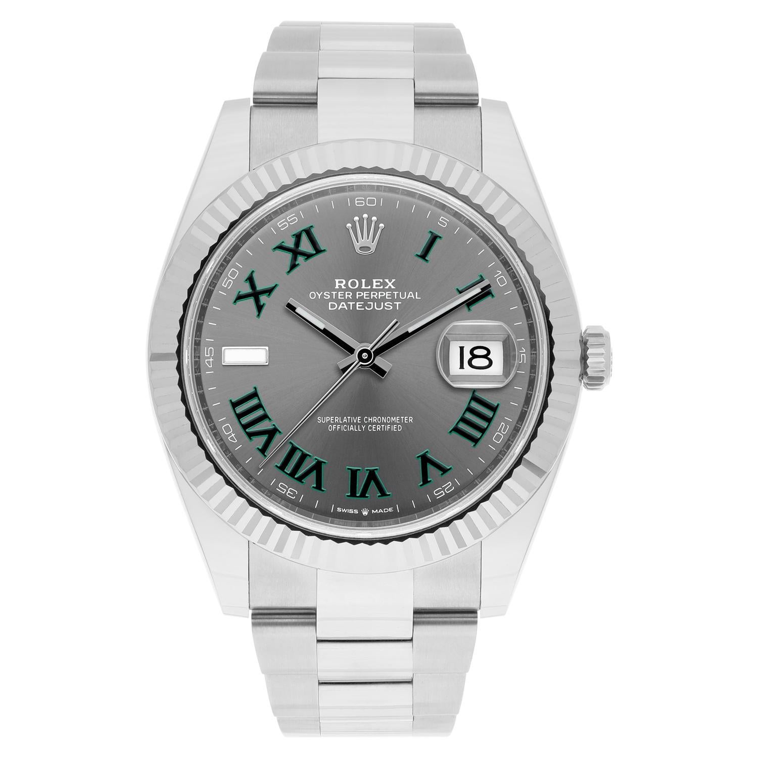 This magnificent Rolex Datejust wristwatch is a true masterpiece of Swiss craftsmanship. With its exquisite Wimbledon Dial and elegant Roman numerals, it is the epitome of luxury and style. The 41mm stainless steel case and fluted bezel in silver