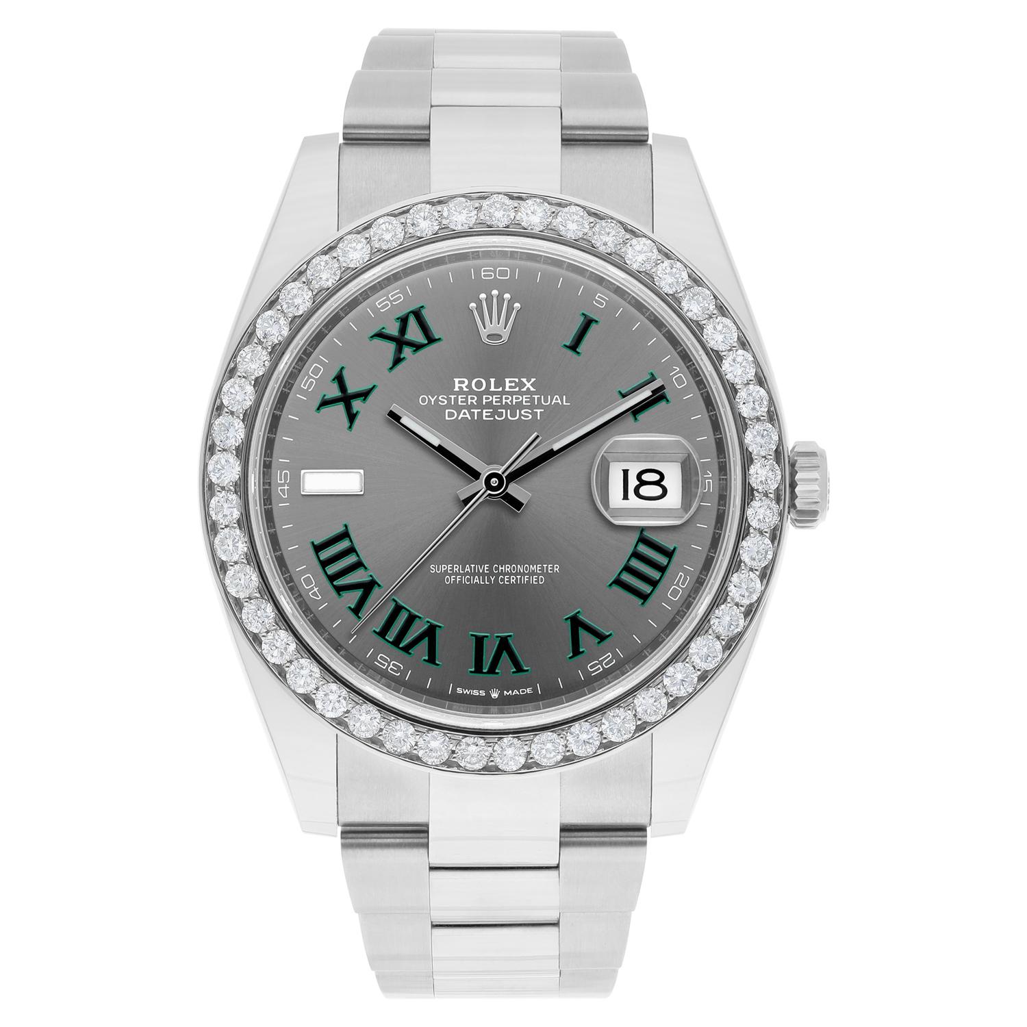 This magnificent Rolex Datejust wristwatch is a true masterpiece of Swiss craftsmanship. With its exquisite Wimbledon Dial and elegant Roman numerals, it is the epitome of luxury and style. The 41mm stainless steel case and custom diamond bezel with
