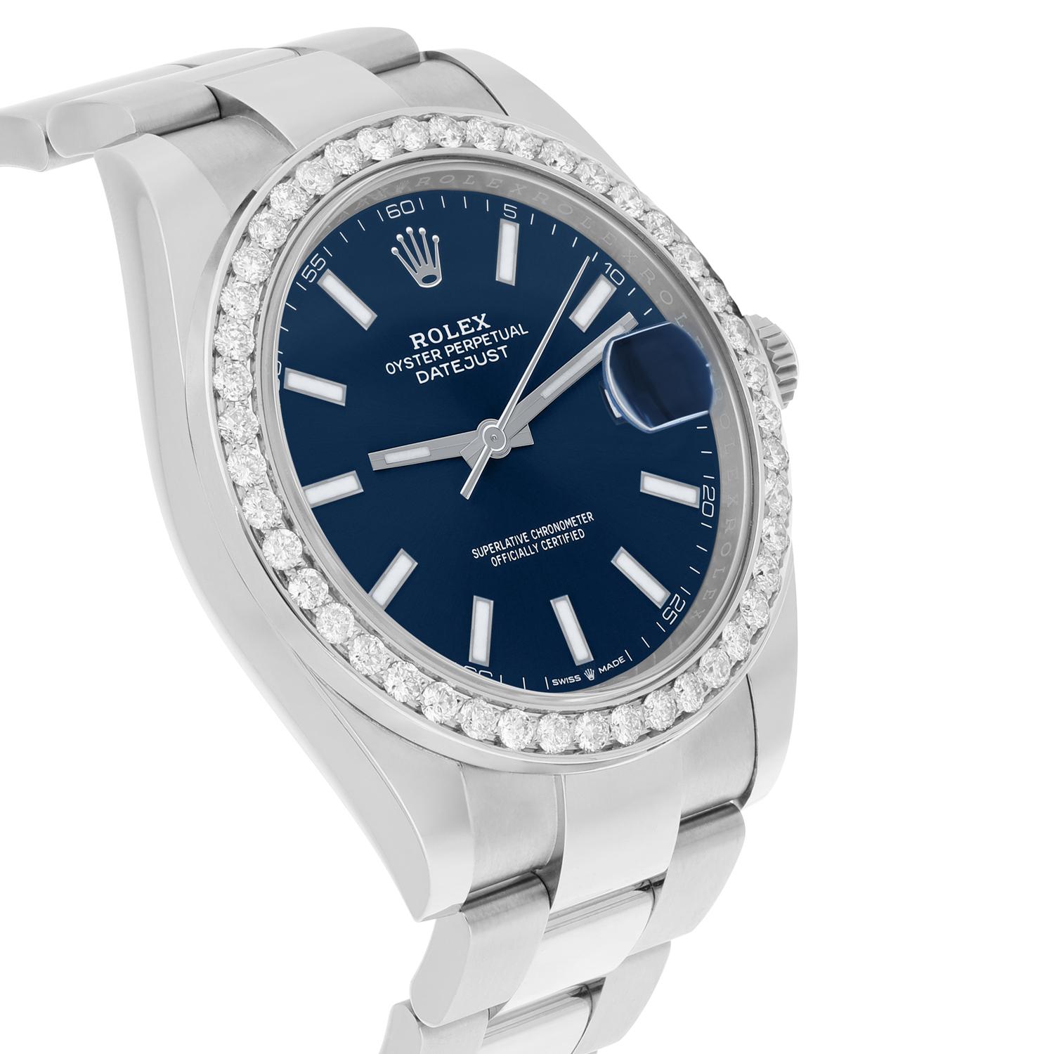 Modern Rolex Datejust 126334 Stainless Steel Oyster 41mm Blue Index Dial Diamond Bezel For Sale