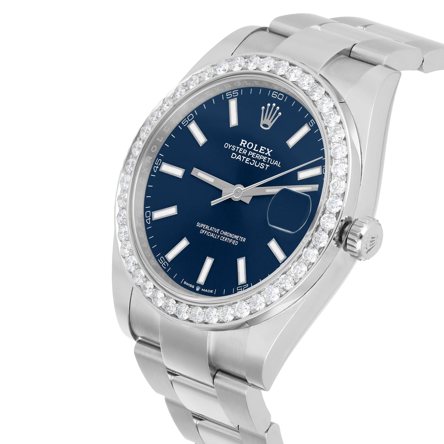 Taille ronde Rolex Datejust 126334 Oyster 41 mm avec cadran bleu index et lunette en acier inoxydable en vente