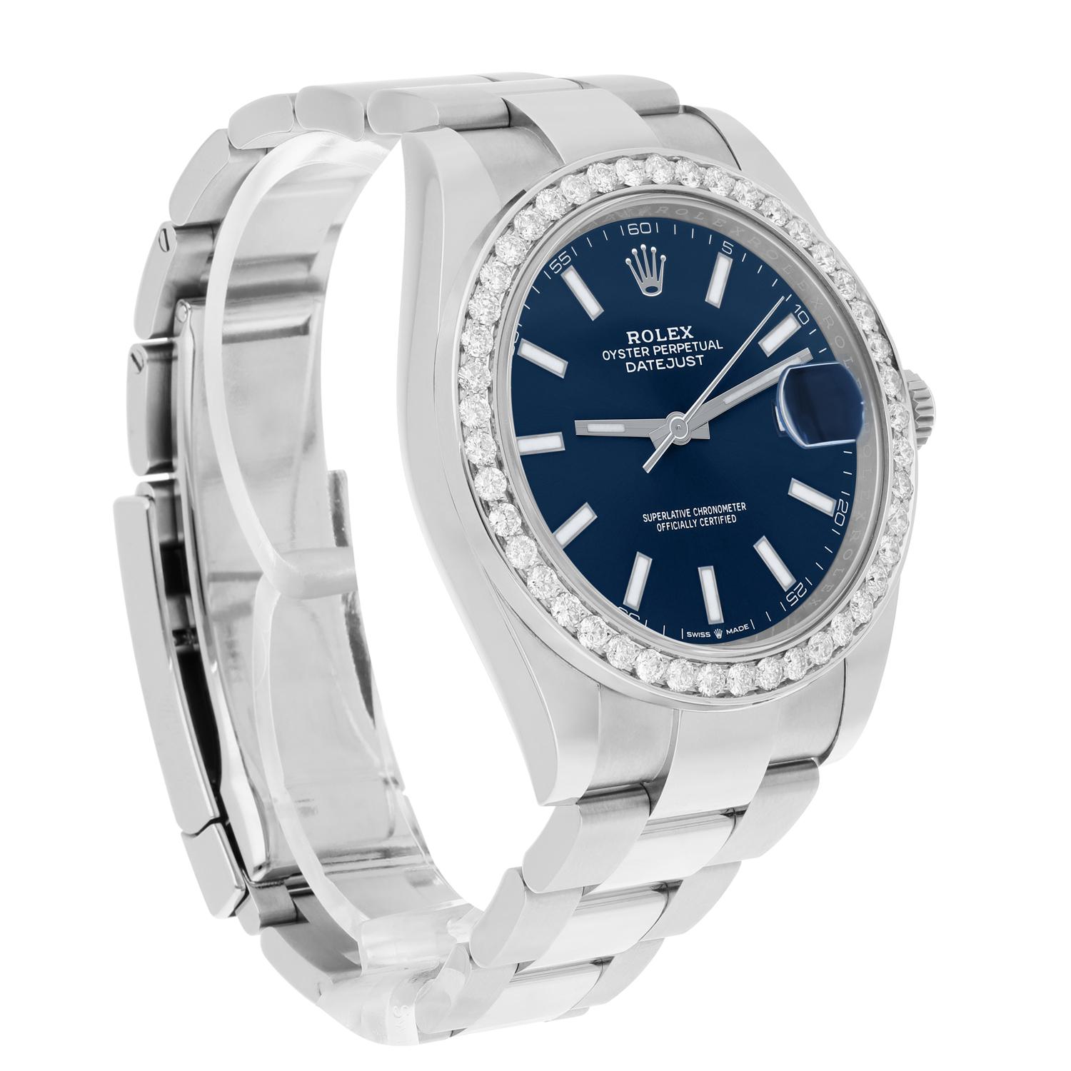 Rolex Datejust 126334 Stainless Steel Oyster 41mm Blue Index Dial Diamond Bezel In New Condition For Sale In New York, NY