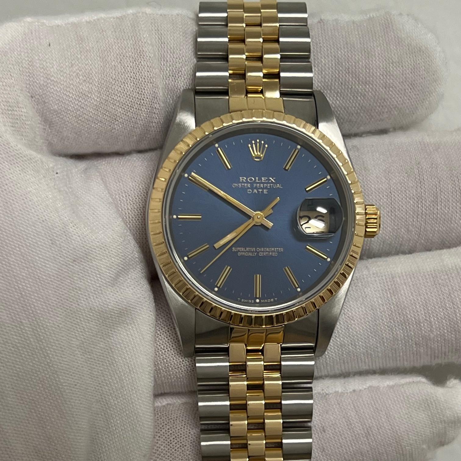 Rolex Datejust 15223 34mm Cadran bleu Or 18k Acier inoxydable Jubilee Box Papers en vente 3