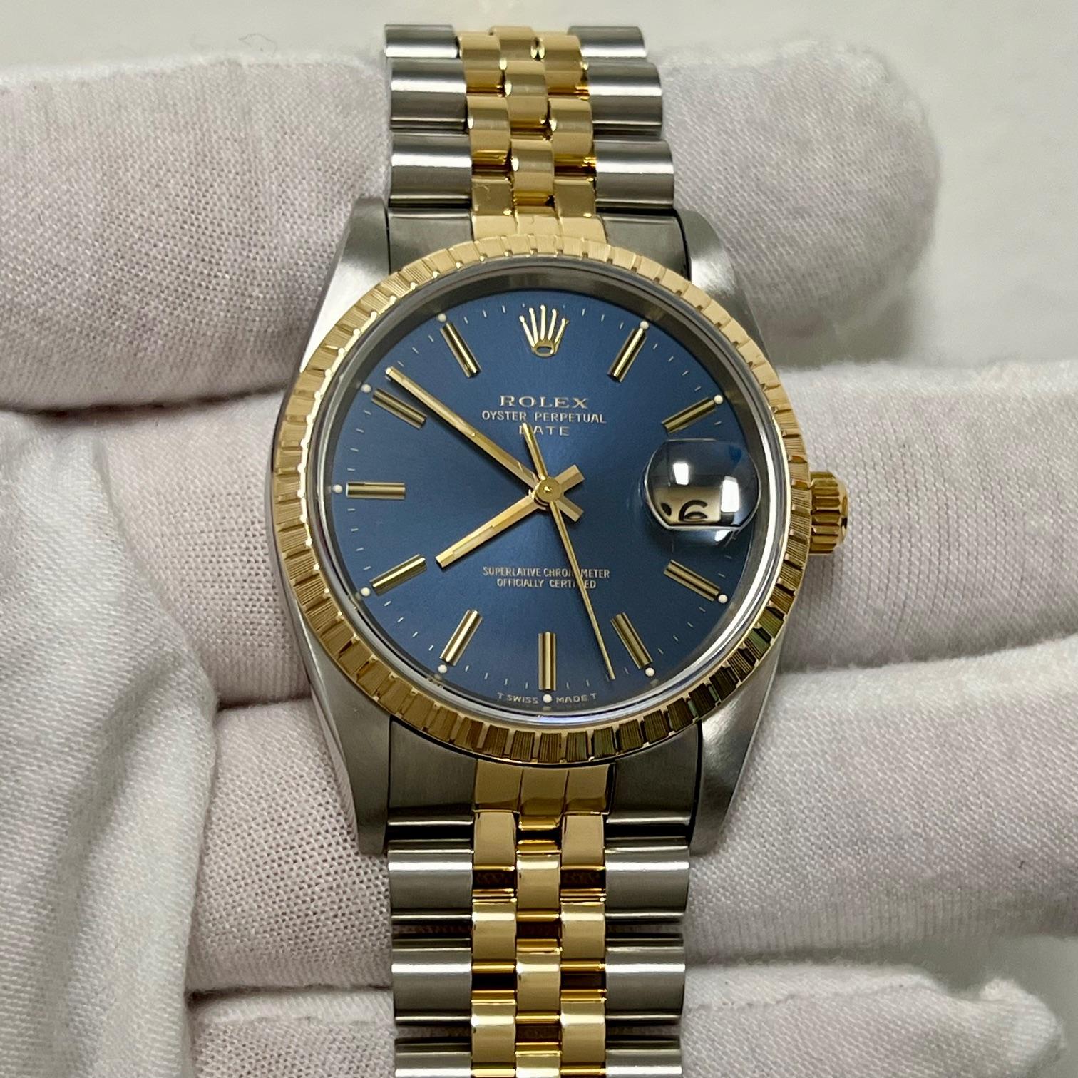 Rolex Datejust 15223 34mm Cadran bleu Or 18k Acier inoxydable Jubilee Box Papers en vente 4