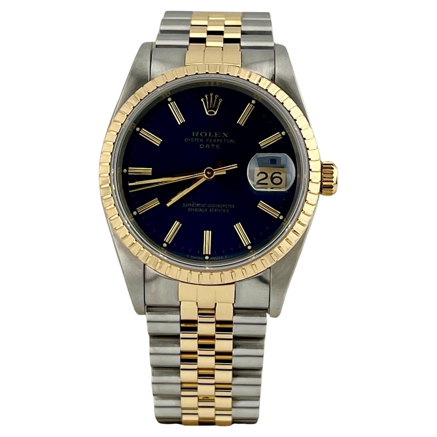 Rolex Datejust 15223 34mm Blue Dial 18k Gold Stainless Steel Jubilee Box Papers
