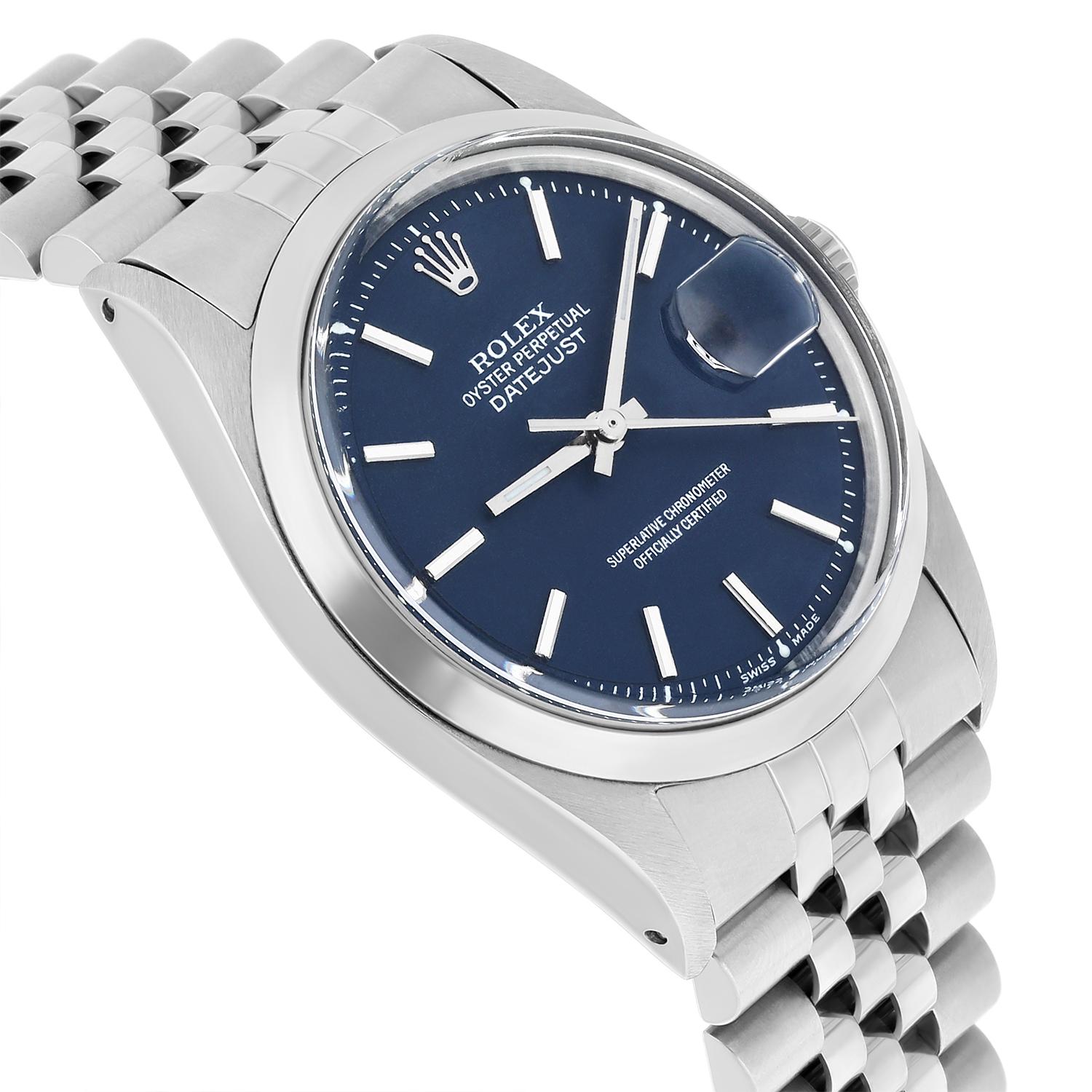 Rolex Datejust 1600 Oyster Acciaio Raro Quadrante Blu Orologio Unisex 36mm In condizioni ottime a New York, NY