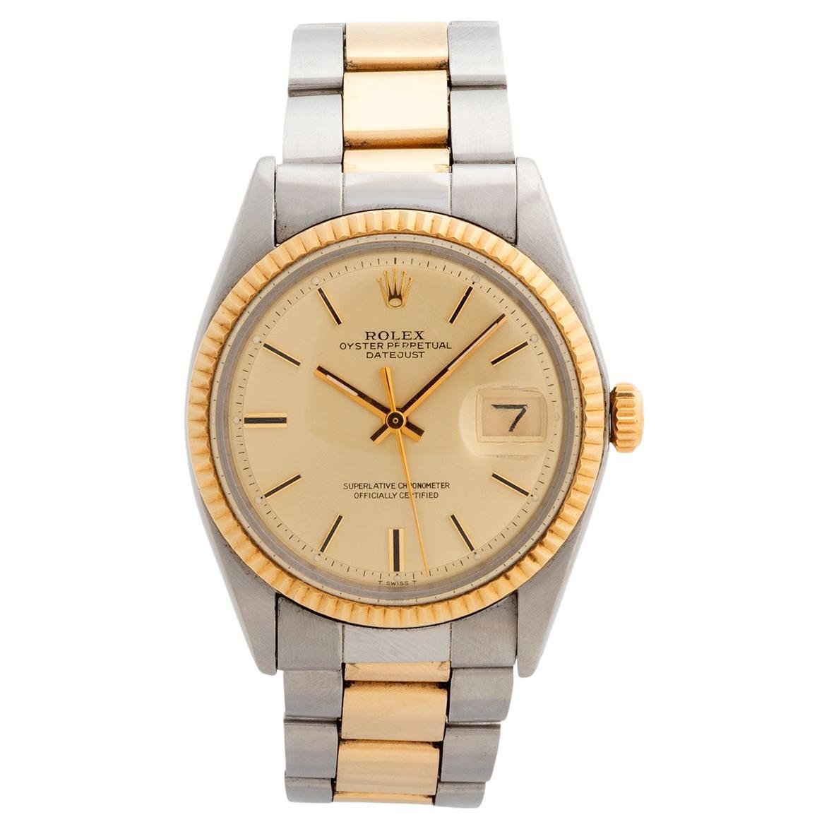 Our vintage and attractive Rolex Datejust 1600 features a 36mm stainless steel case with yellow gold fluted bezel, champagne dial and riveted oyster bracelet in steel/ yellow gold. Presented in excellent condition for its age, unpolished prior to