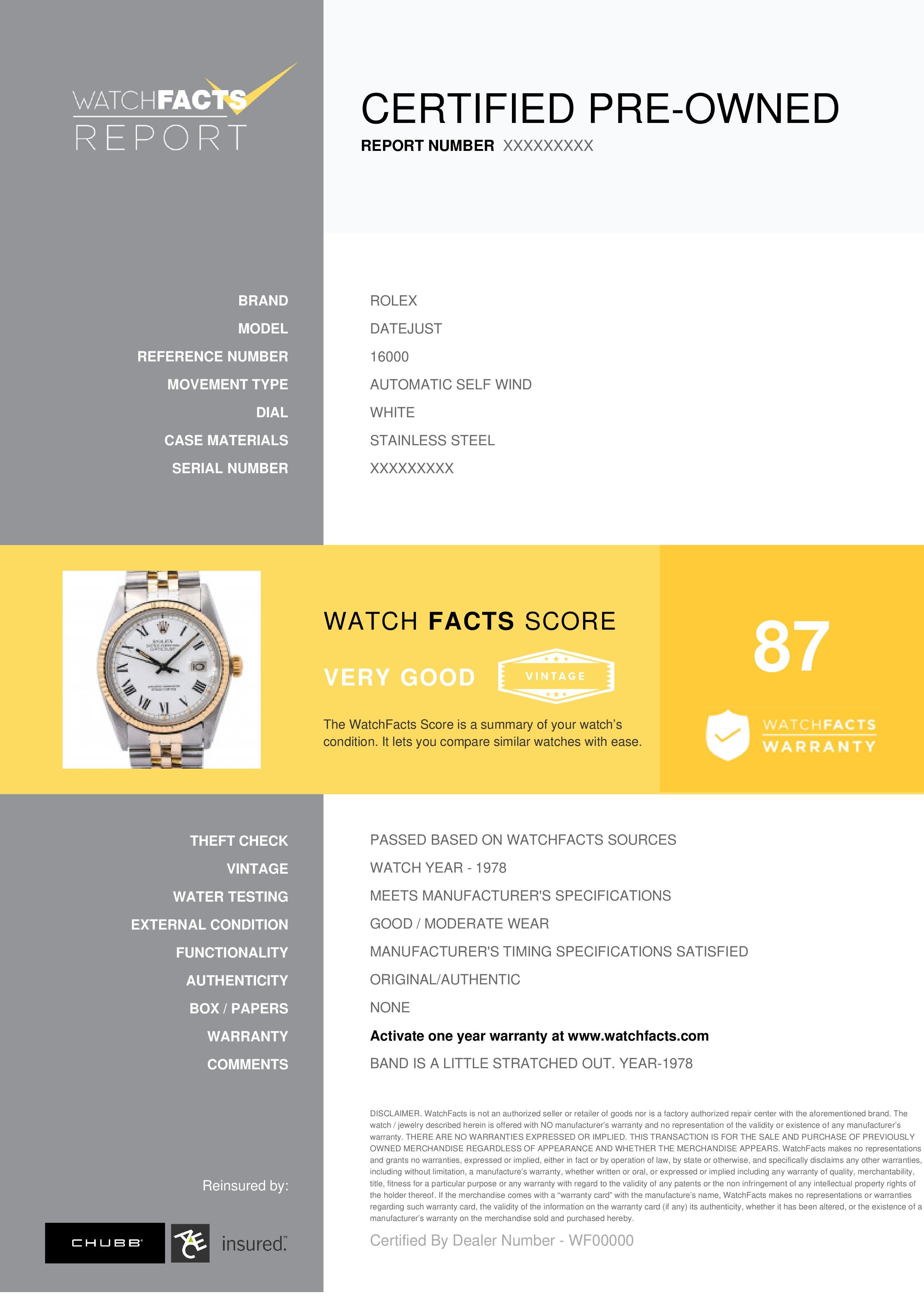 Rolex Datejust Reference #: 16000. Mens Automatic Self Wind Watch Stainless Steel White 36 MM. Verified and Certified by WatchFacts. 1 year warranty offered by WatchFacts.
