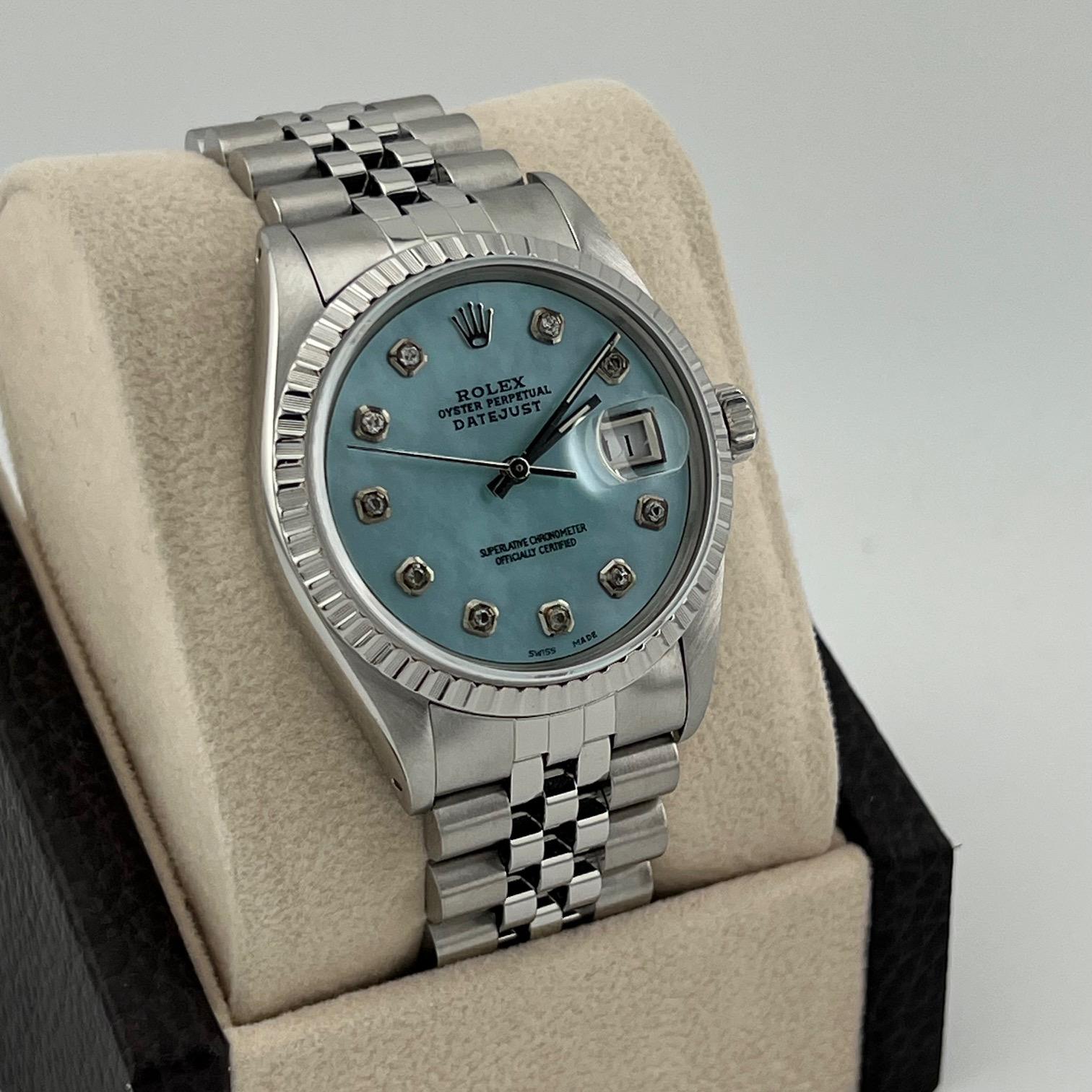 Rolex Datejust 16000 36mm Blau Perlmutt Diamant Zifferblatt Edelstahl (Rundschliff) im Angebot