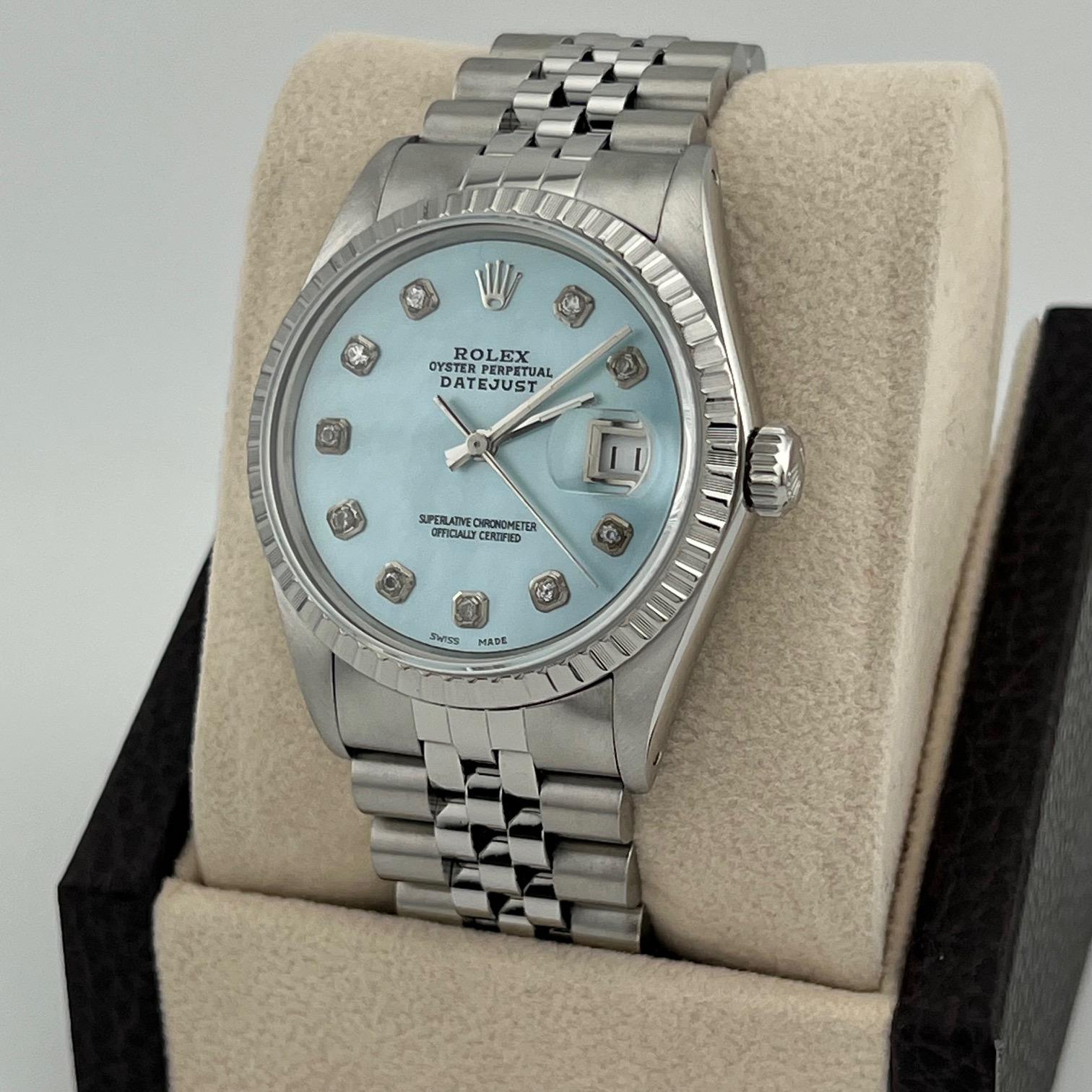 Rolex Datejust 16000 36mm Blau Perlmutt Diamant Zifferblatt Edelstahl im Zustand „Gut“ im Angebot in San Diego, CA