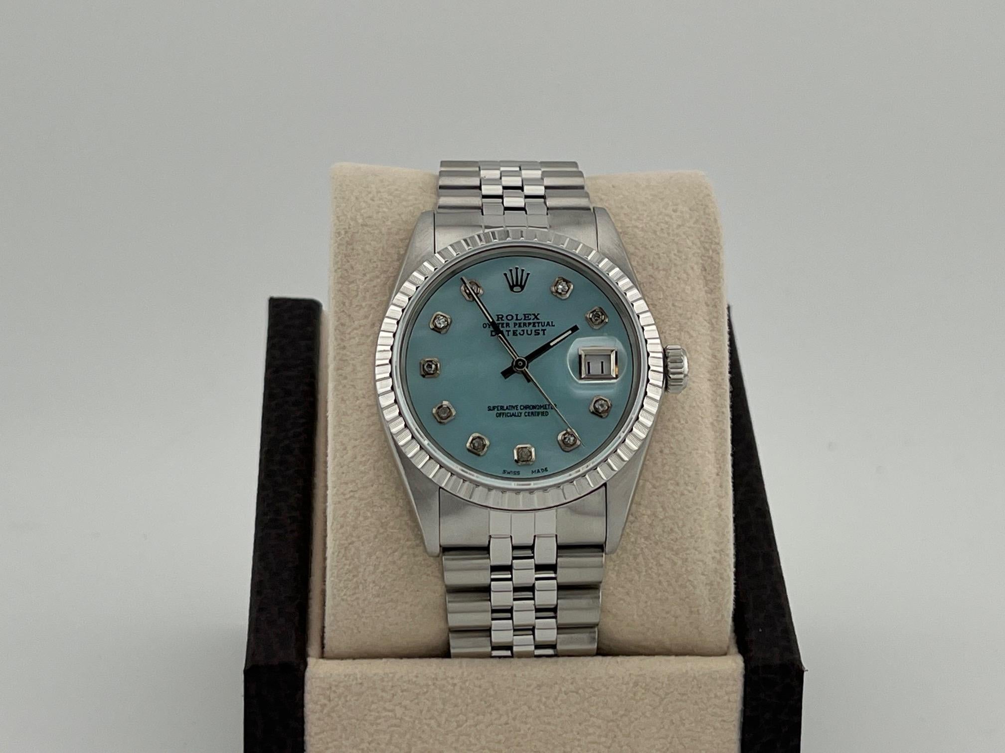 Rolex Datejust 16000 36mm Blau Perlmutt Diamant Zifferblatt Edelstahl für Damen oder Herren im Angebot