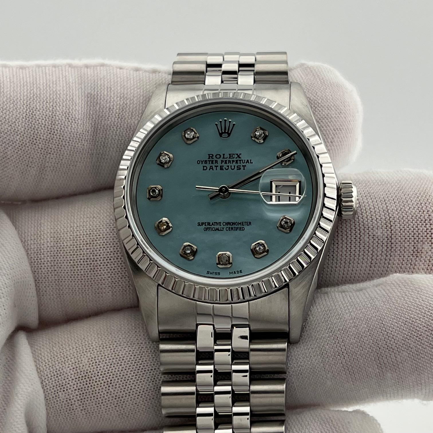 Rolex Datejust 16000 36mm Blau Perlmutt Diamant Zifferblatt Edelstahl im Angebot 3