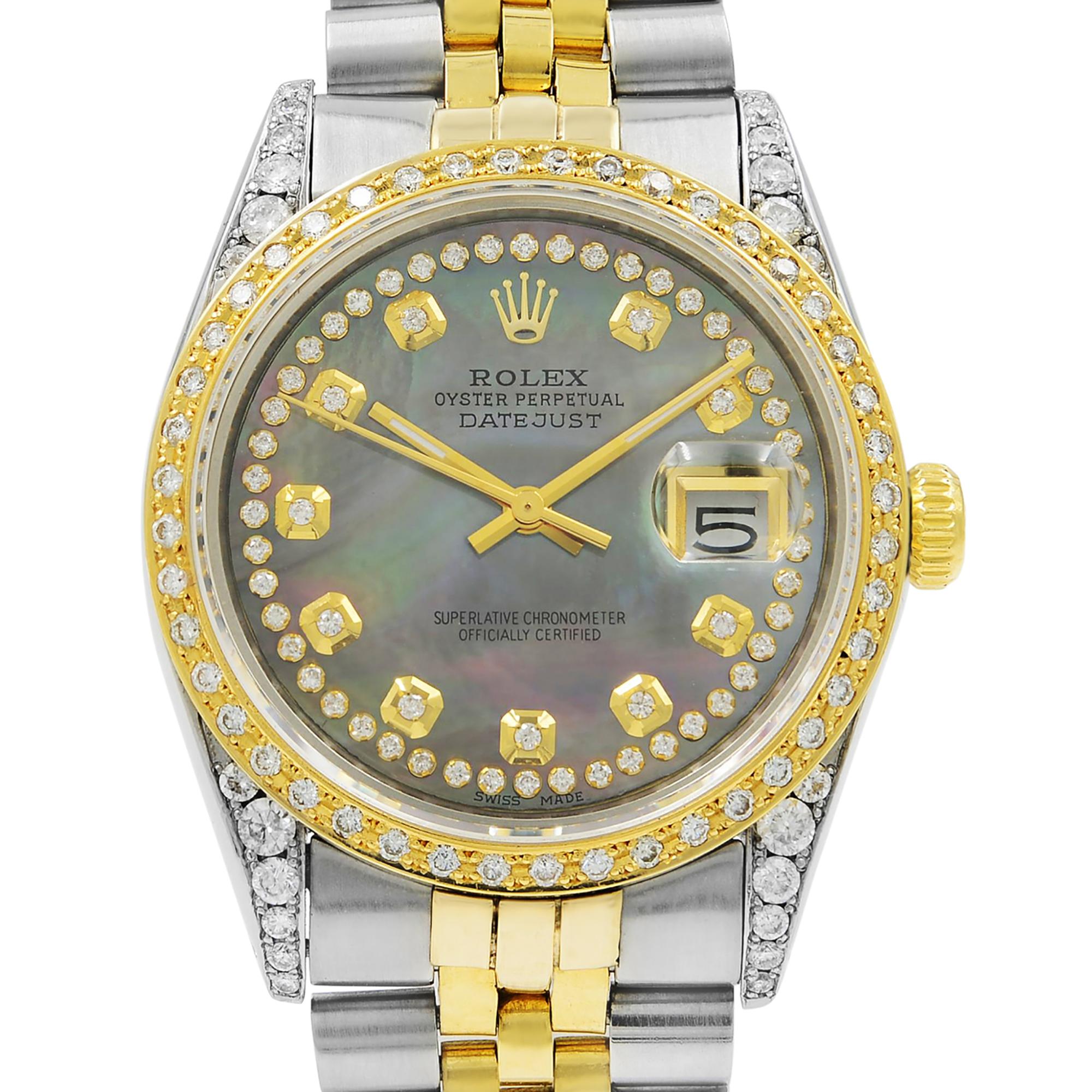 This pre-owned Rolex Datejust  16000  is a beautiful men's timepiece that is powered by an automatic movement which is cased in a stainless steel case. It has a round shape face, date, diamonds dial and has hand diamonds style markers. It is
