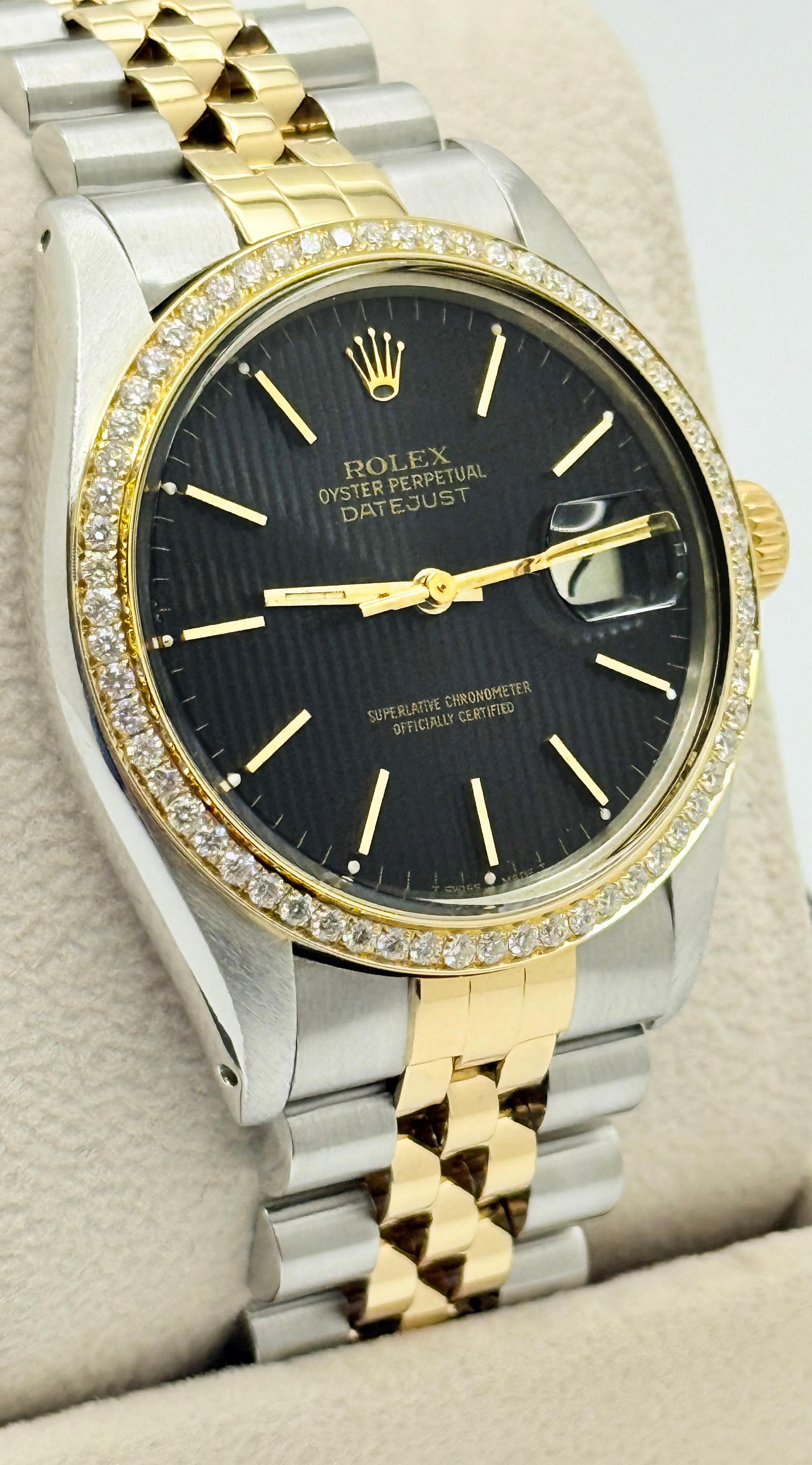 Rolex Datejust 16003 Quadrante nero ad arazzo Acciaio inossidabile oro giallo 18 carati 36 mm In condizioni ottime in vendita a San Diego, CA