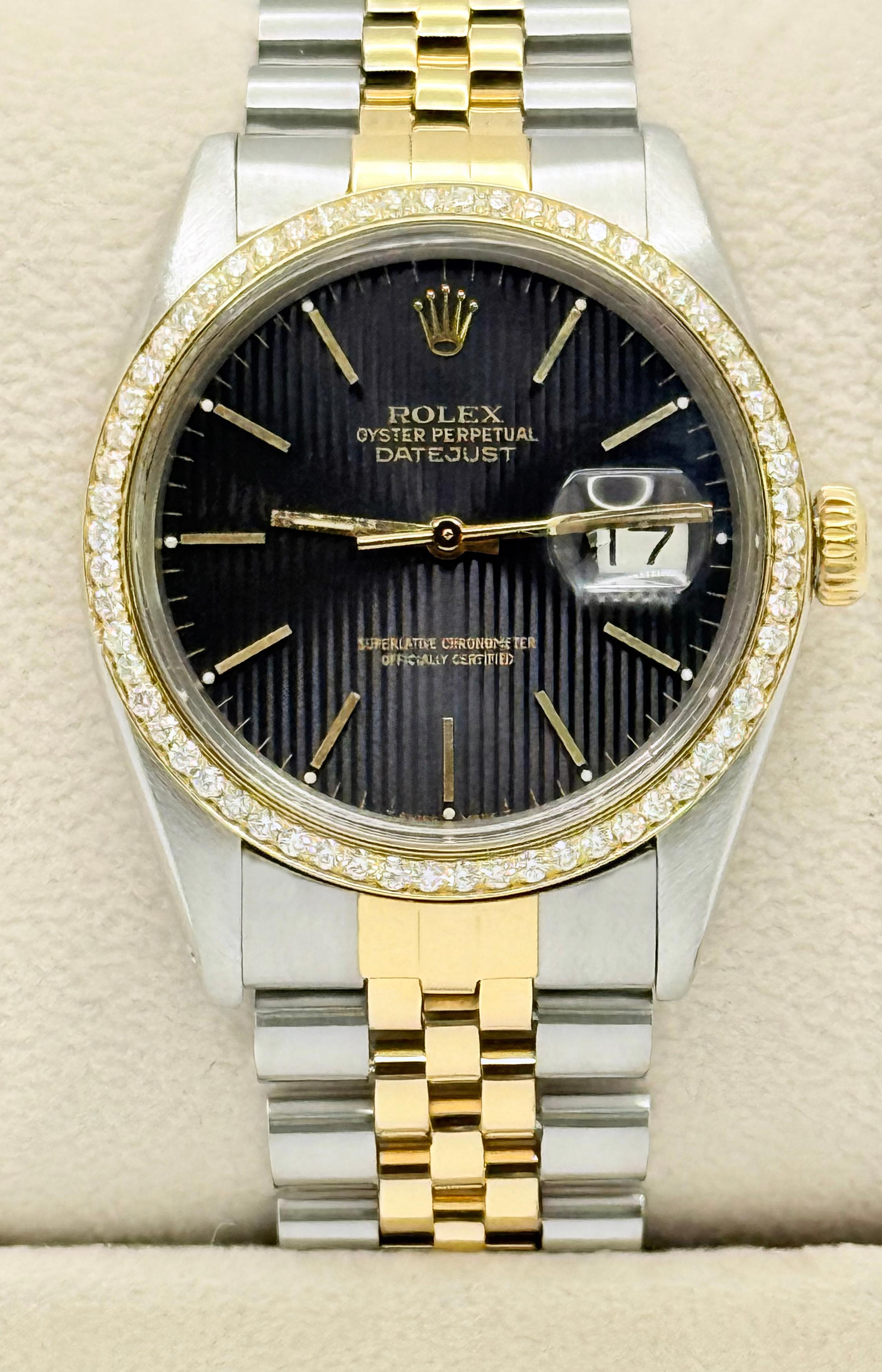Donna Rolex Datejust 16003 Quadrante nero ad arazzo Acciaio inossidabile oro giallo 18 carati 36 mm in vendita