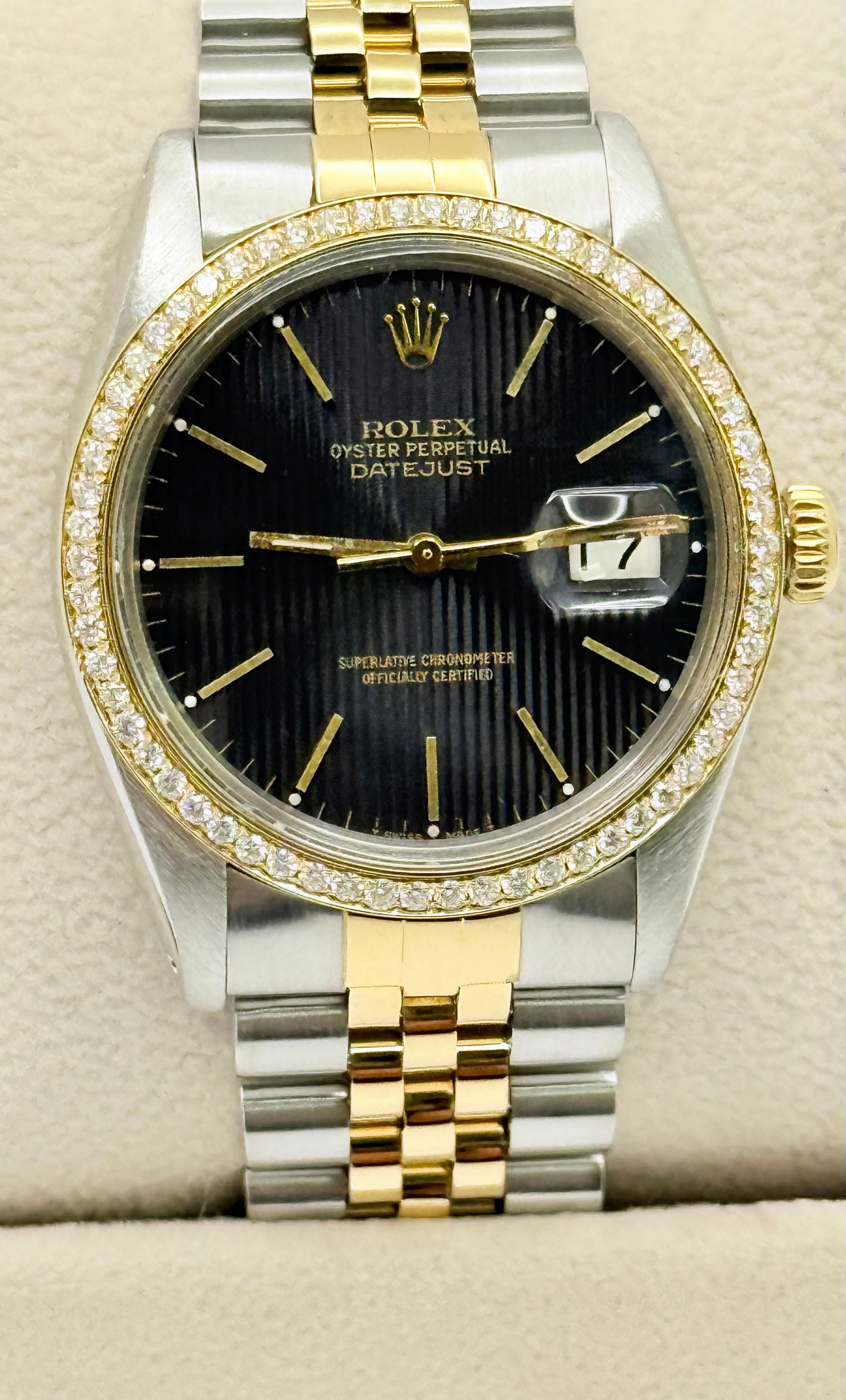 Rolex Datejust 16003 Quadrante nero ad arazzo Acciaio inossidabile oro giallo 18 carati 36 mm in vendita 1