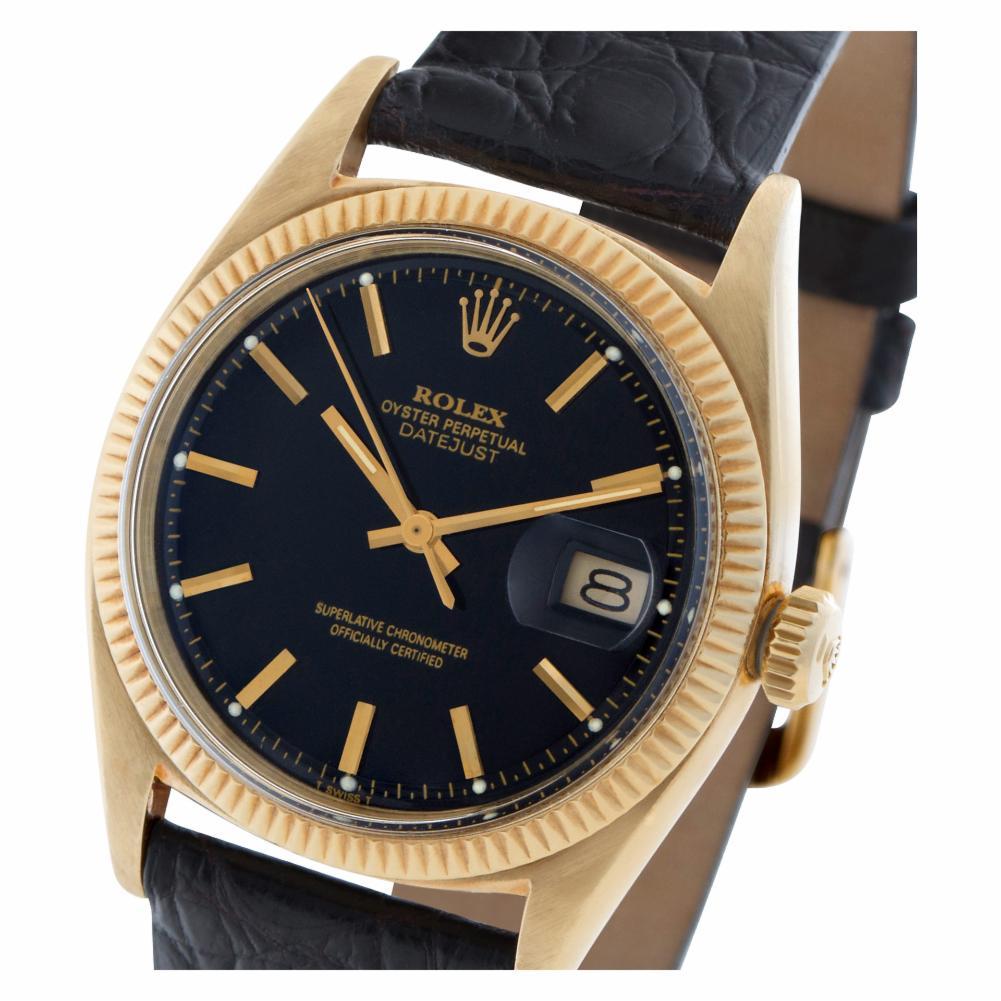 Rolex Datejust Reference #: 1601. Mens Automatic Self Wind Watch Yellow Gold Black 36 MM. Verified and Certified by WatchFacts. 1 year warranty offered by WatchFacts.
