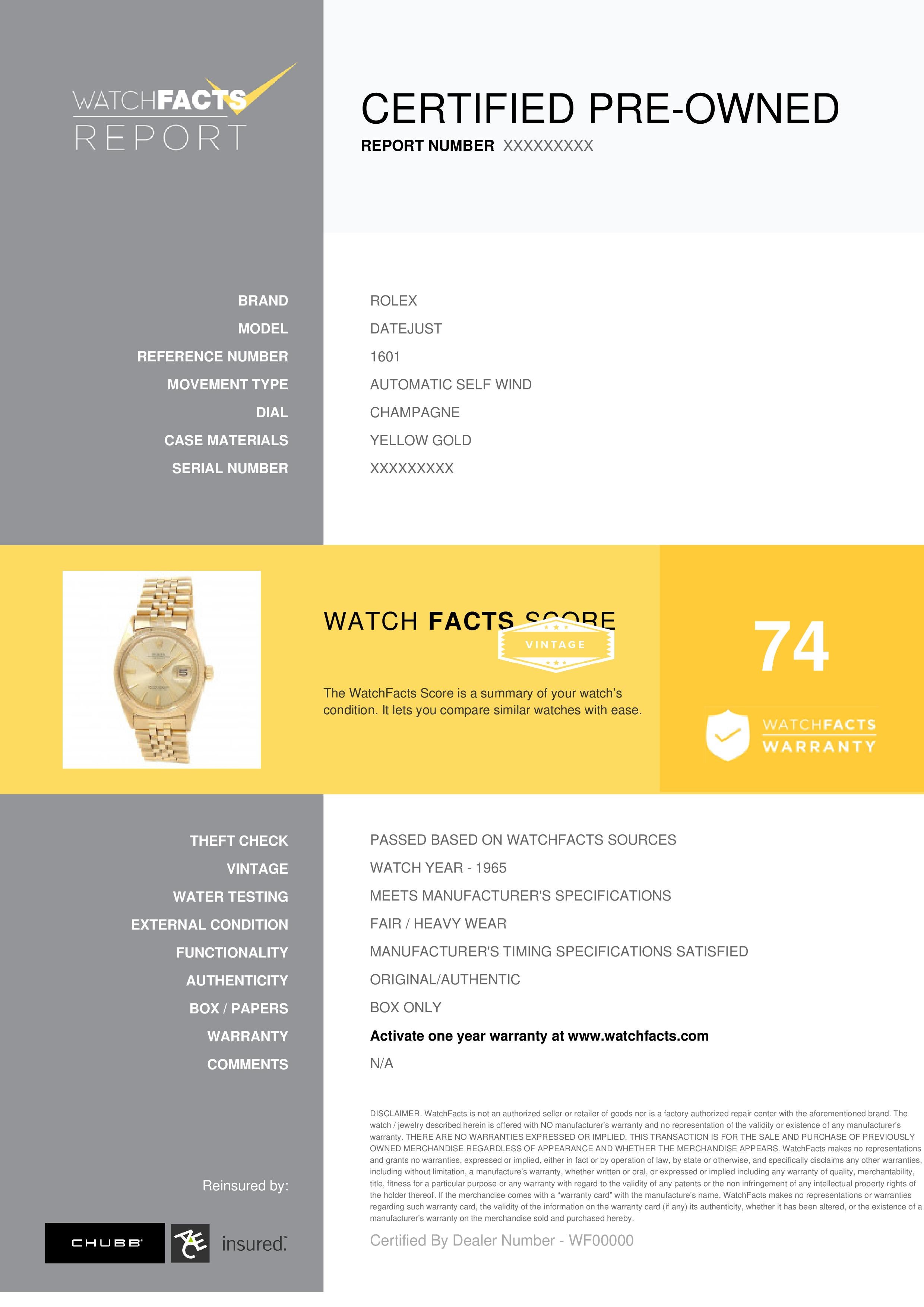 Rolex Datejust Reference #: 1601. Mens Automatic Self Wind Watch Yellow Gold Champagne 36 MM. Verified and Certified by WatchFacts. 1 year warranty offered by WatchFacts.

