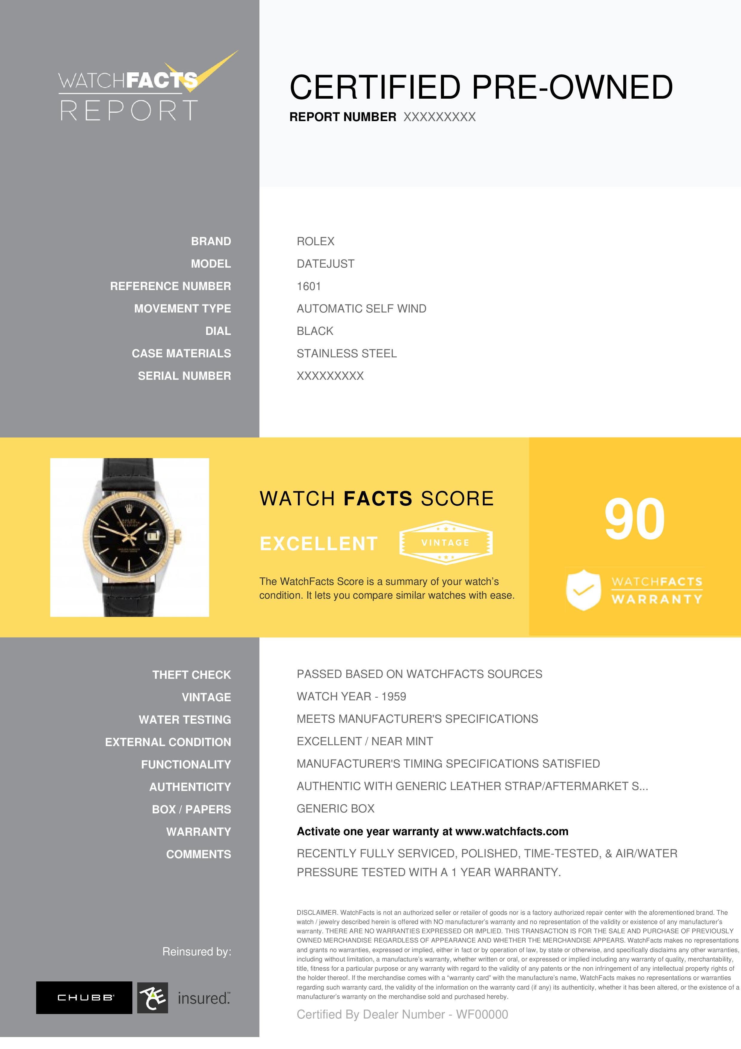 Rolex Datejust Reference #:1601. Rolex 1601 Mens 36mm Yellow Gold & Stainless Steel Datejust - Automatic Movement - Black Dial with Gold Stick Hour Markers and Minute Drag Border - Yellow Gold Fluted Bezel - New Generic Black Alligator Leather