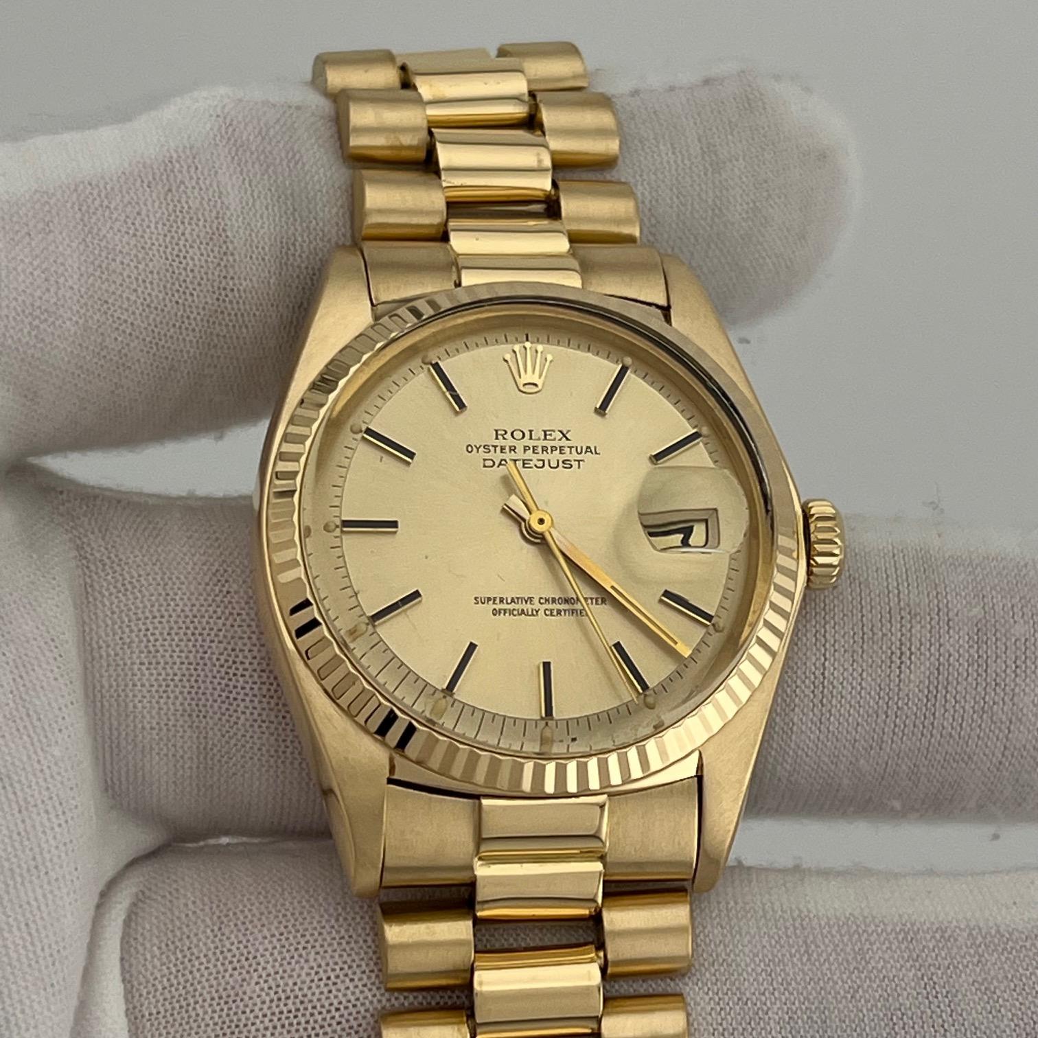 Rolex Datejust 1601 36mm Cadran Champagne Or jaune 18k Bracelet Président en vente 6