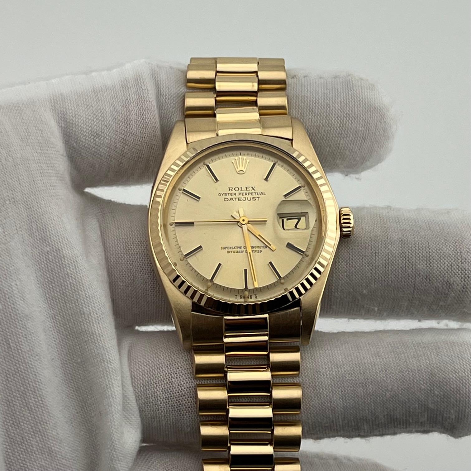 Rolex Datejust 1601 36mm Cadran Champagne Or jaune 18k Bracelet Président Bon état - En vente à San Diego, CA