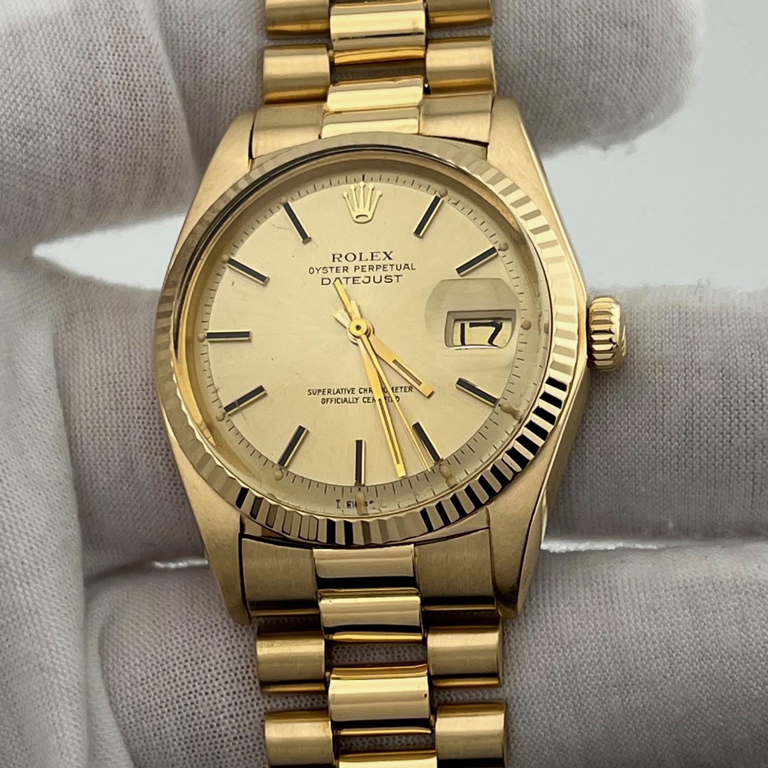 Rolex Datejust 1601 36mm Cadran Champagne Or jaune 18k Bracelet Président Unisexe en vente
