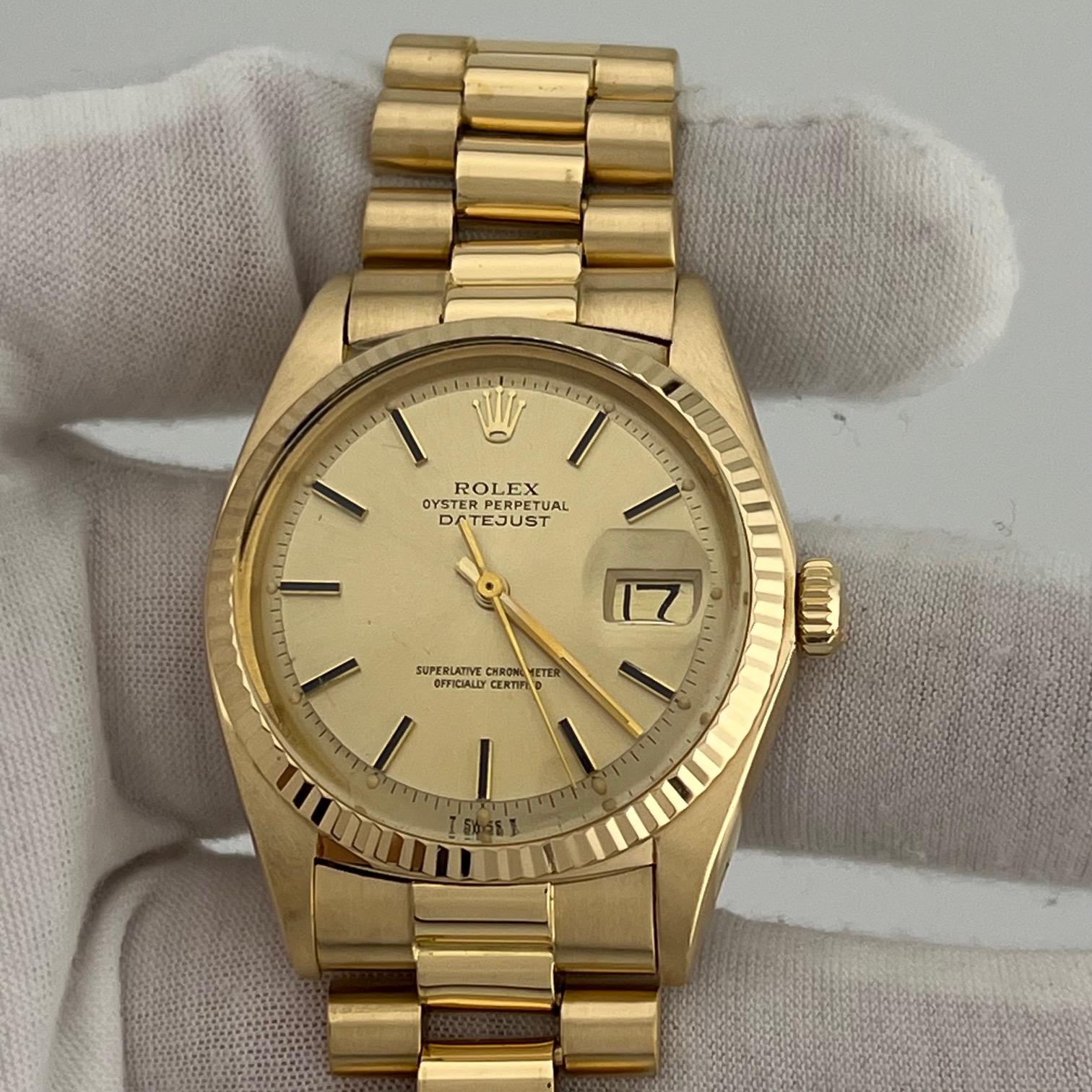 Rolex Datejust 1601 36mm Cadran Champagne Or jaune 18k Bracelet Président en vente 5