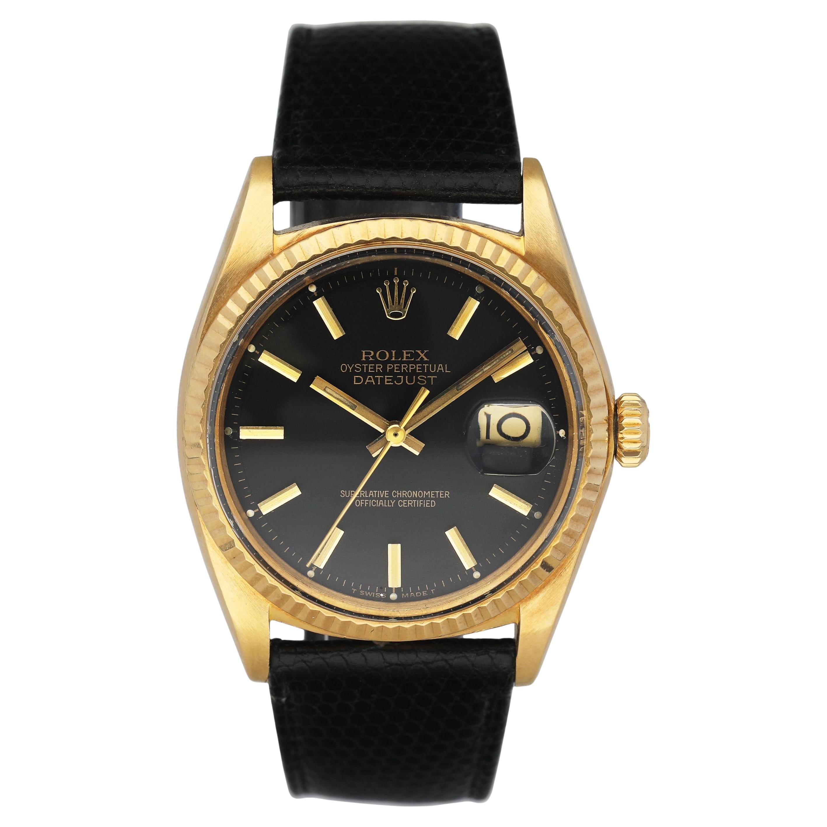 Rolex Datejust 1601 Black Dial 18K Yellow Gold Mens Watch