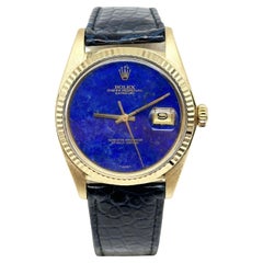 Rolex Montre Datejust 1601 en or jaune 18 carats avec cadran en lapis-lazuli bleu et bracelet en cuir