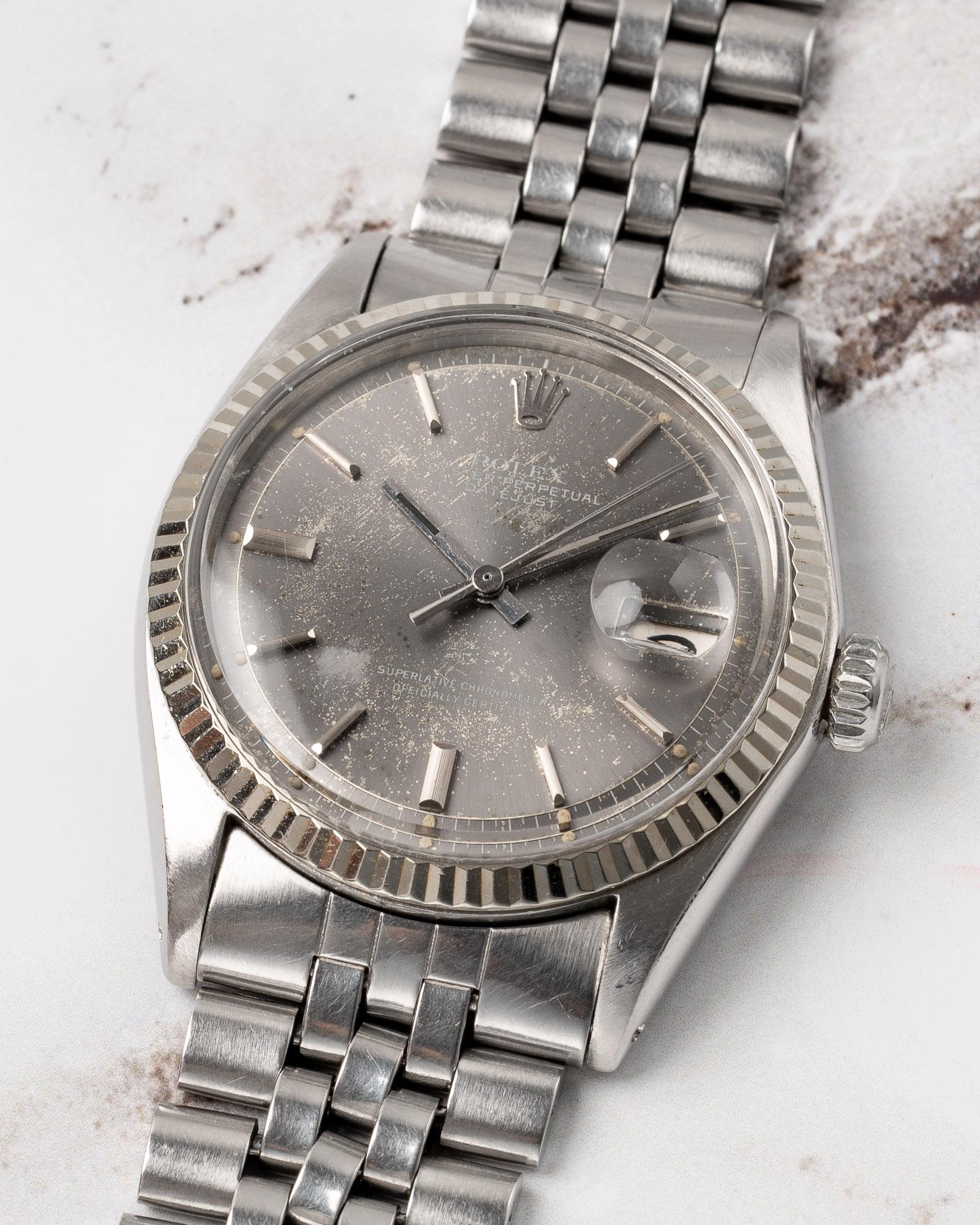 Rolex Datejust 1601 grau Starburst Piepan Zifferblatt 18k WG geriffelte Lünette Jubilee 1969 im Angebot 5