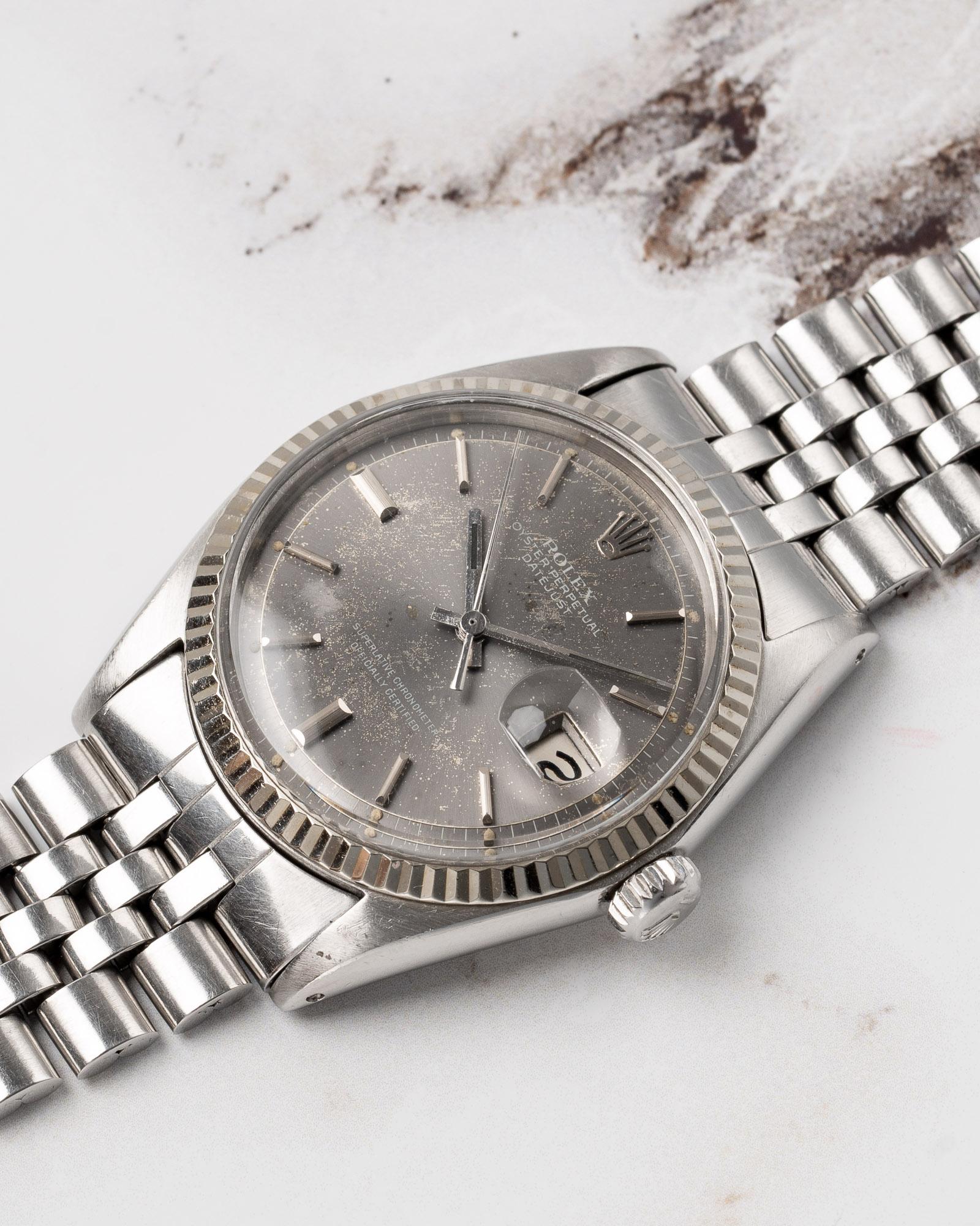 Rolex Datejust 1601 grau Starburst Piepan Zifferblatt 18k WG geriffelte Lünette Jubilee 1969 im Angebot 6