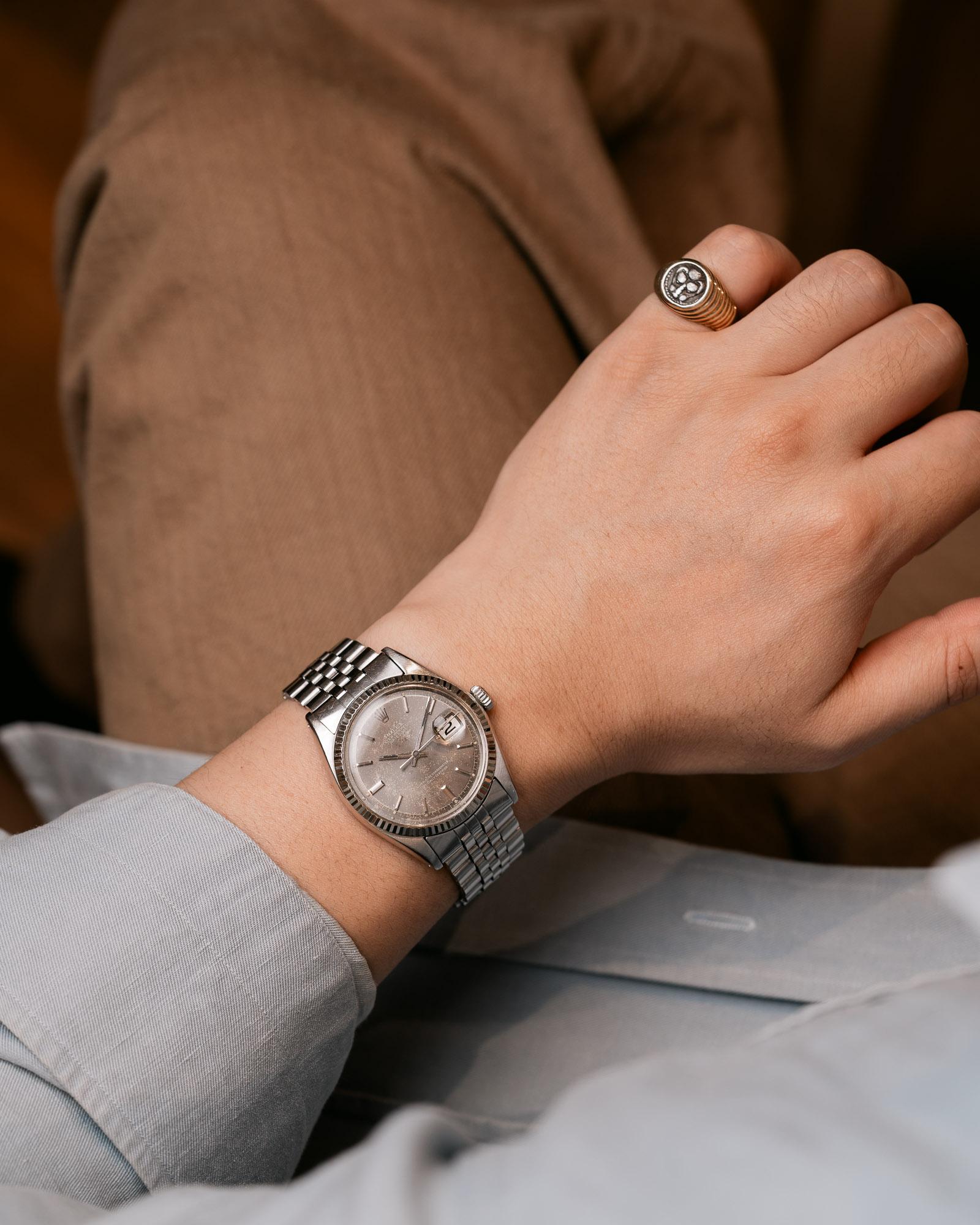 Rolex Datejust 1601 grau Starburst Piepan Zifferblatt 18k WG geriffelte Lünette Jubilee 1969 im Zustand „Gut“ im Angebot in SYDNEY, AU