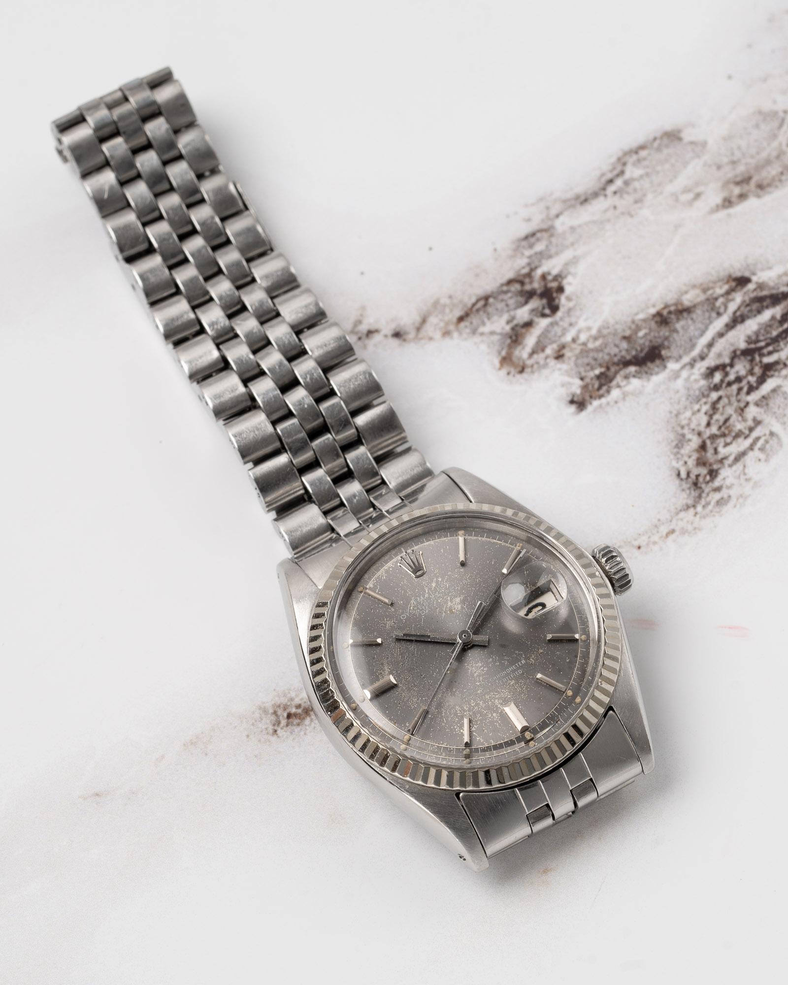 Rolex Datejust 1601 grau Starburst Piepan Zifferblatt 18k WG geriffelte Lünette Jubilee 1969 Herren im Angebot
