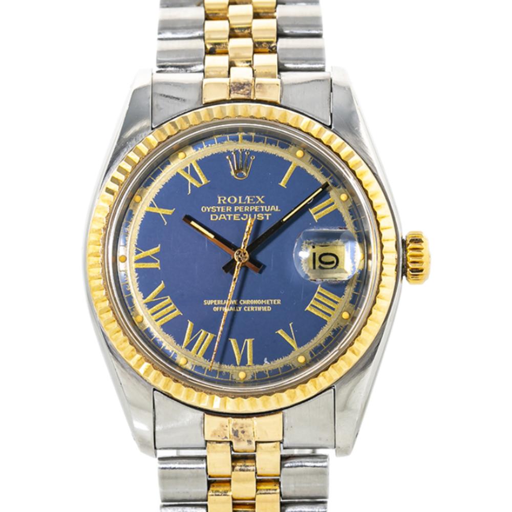 Rolex Datejust 1601 Mens Automatic Watch Blue Dial 18k Two Tone 36mm
