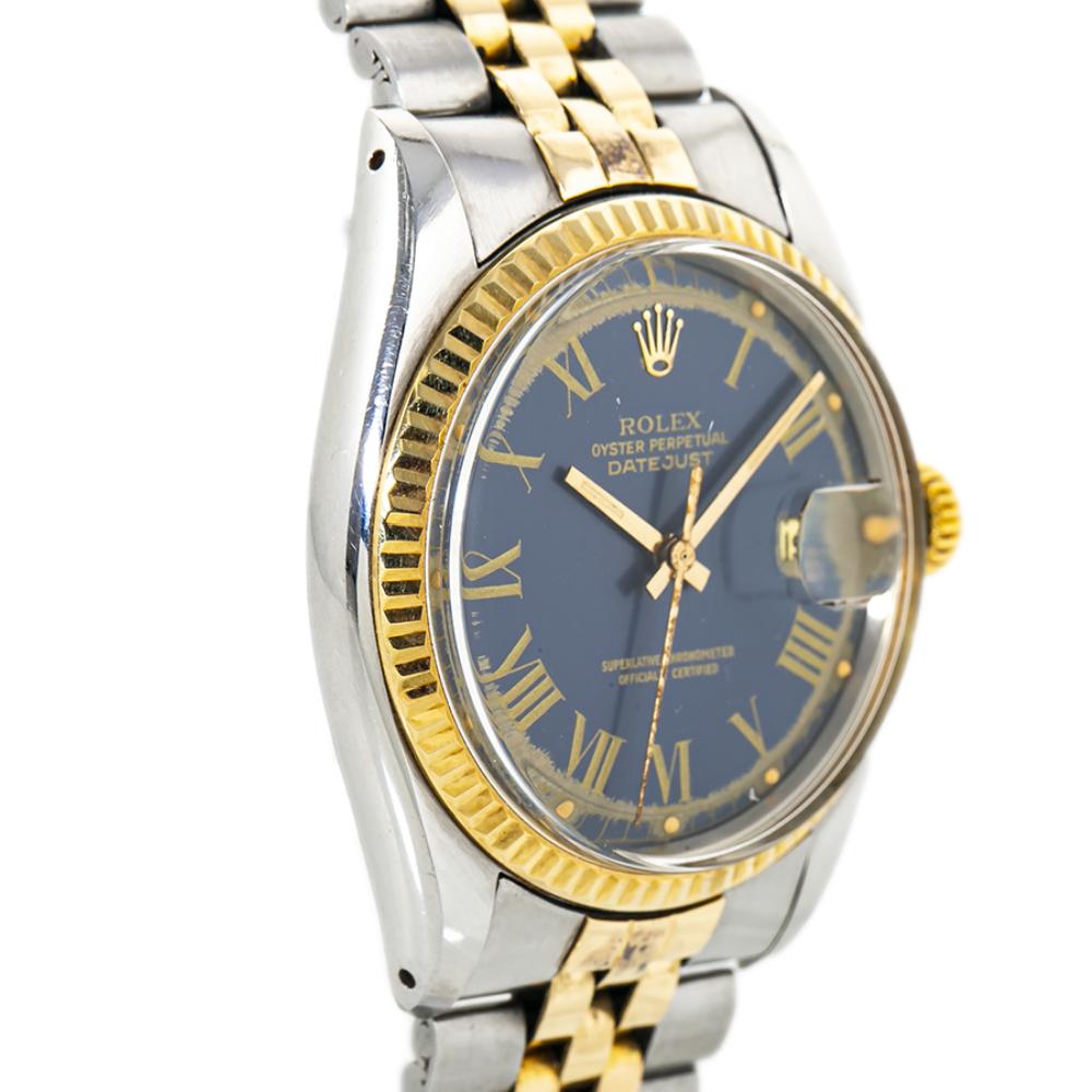 Rolex Datejust 1601 Mens Automatic Watch Blue Dial 18k Two Tone In Good Condition For Sale In Miami, FL