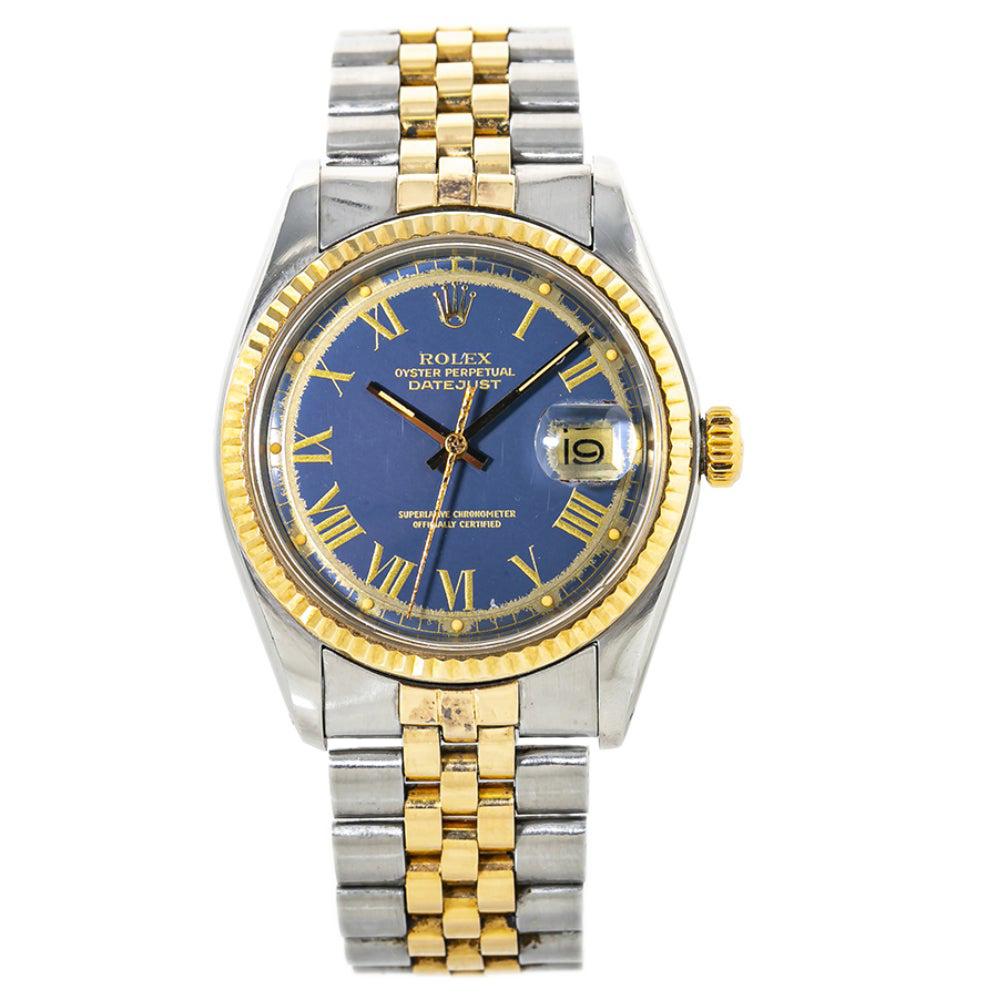 Rolex Datejust 1601 Mens Automatic Watch Blue Dial 18k Two Tone For Sale